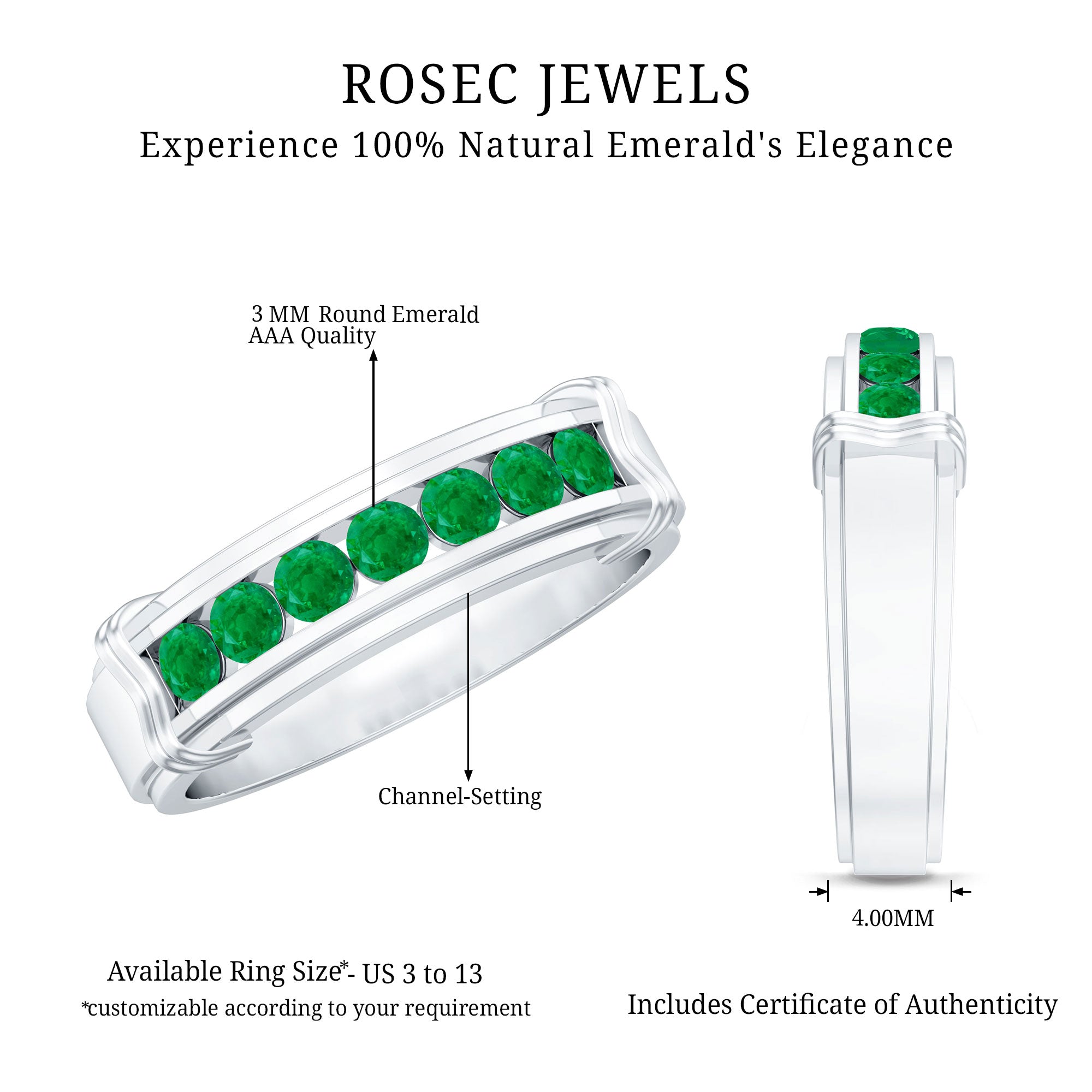 Channel Set Emerald Half Eternity Wedding Band Ring AAA - Rosec Jewels