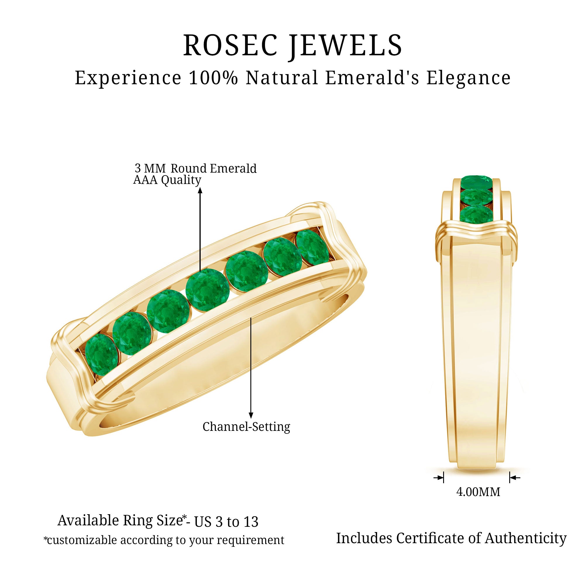 Channel Set Emerald Half Eternity Wedding Band Ring AAA - Rosec Jewels