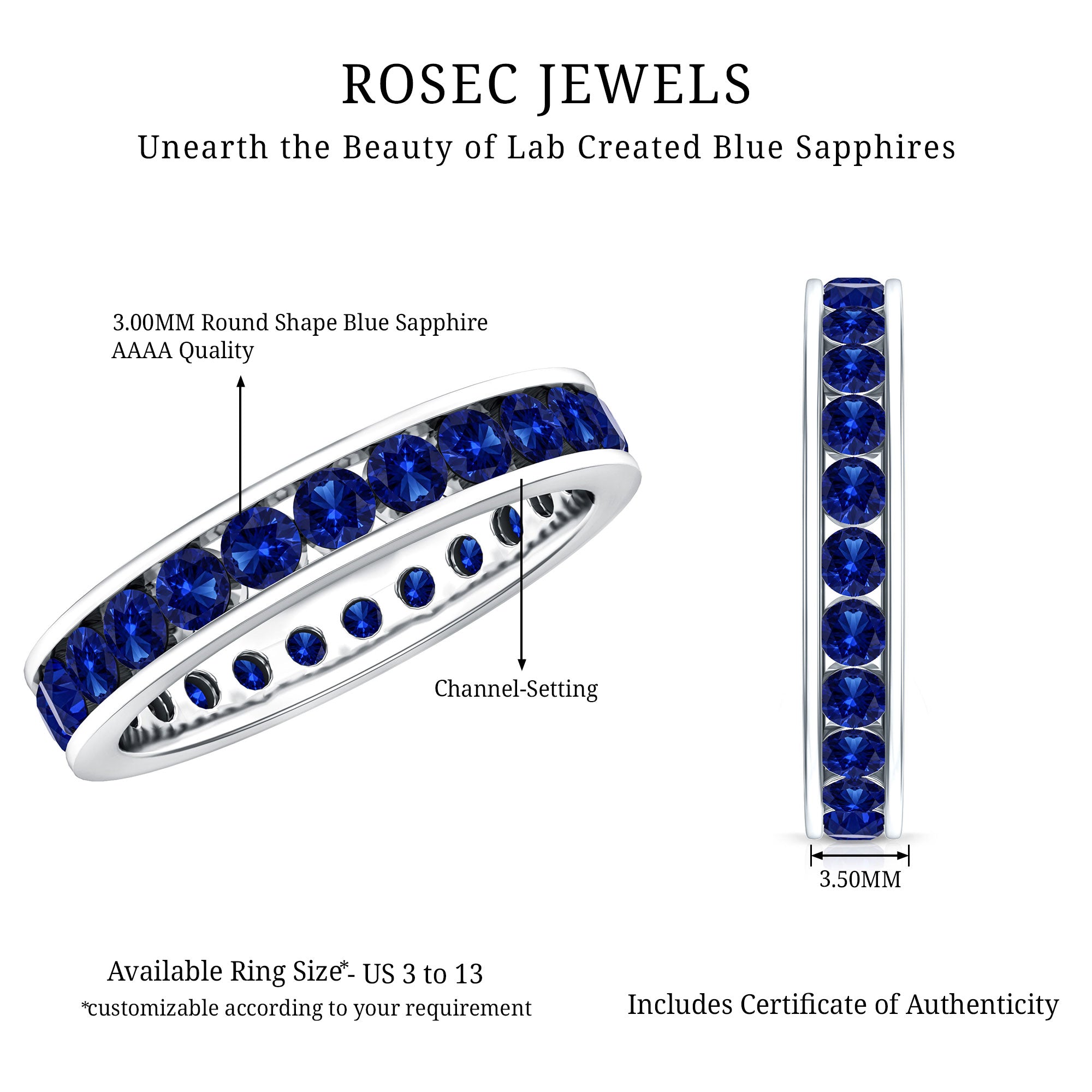 Certified Lab Grown Blue Sapphire Eternity Band Ring in Channel Set AAAA - Rosec Jewels