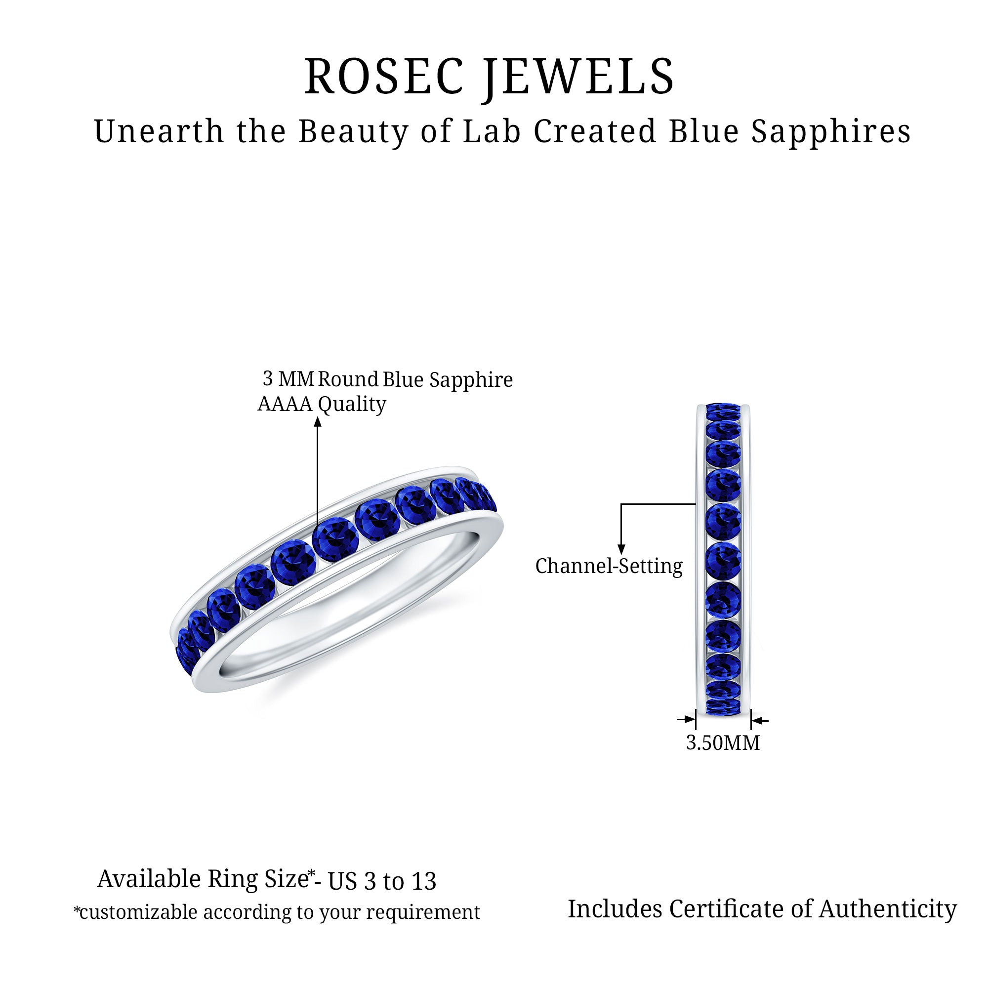 Certified Lab Grown Blue Sapphire Eternity Band Ring in Channel Set AAAA - Rosec Jewels