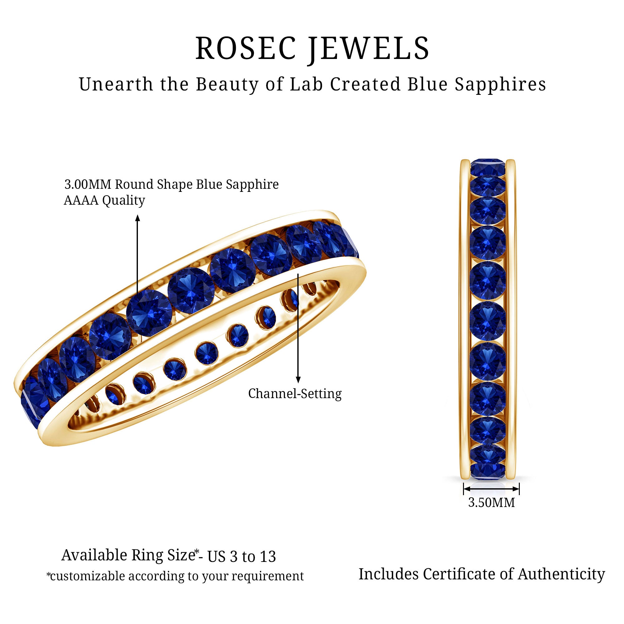 Certified Lab Grown Blue Sapphire Eternity Band Ring in Channel Set AAAA - Rosec Jewels