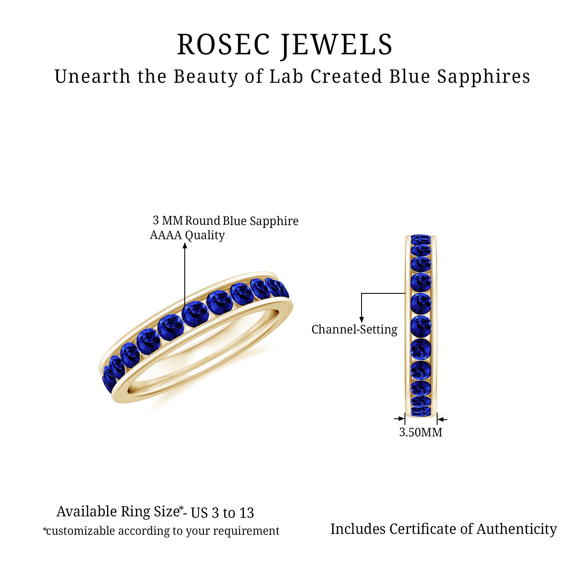 Certified Lab Grown Blue Sapphire Eternity Band Ring in Channel Set AAAA - Rosec Jewels