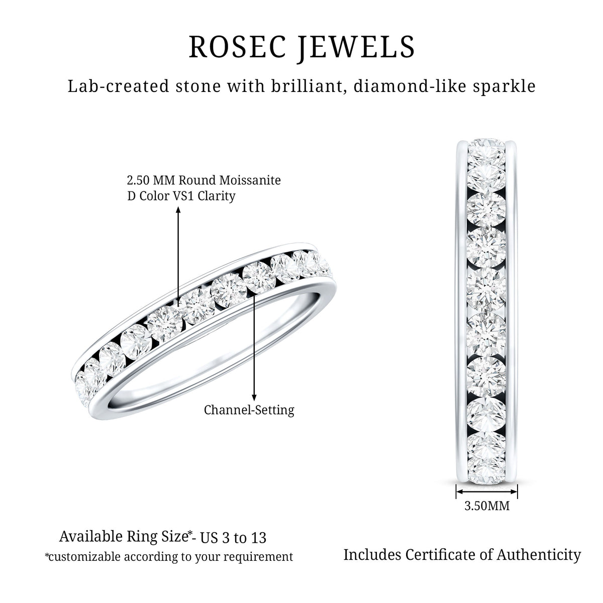 Certified Moissanite Channel Set Eternity Ring for Anniversary D-VS1 - Rosec Jewels