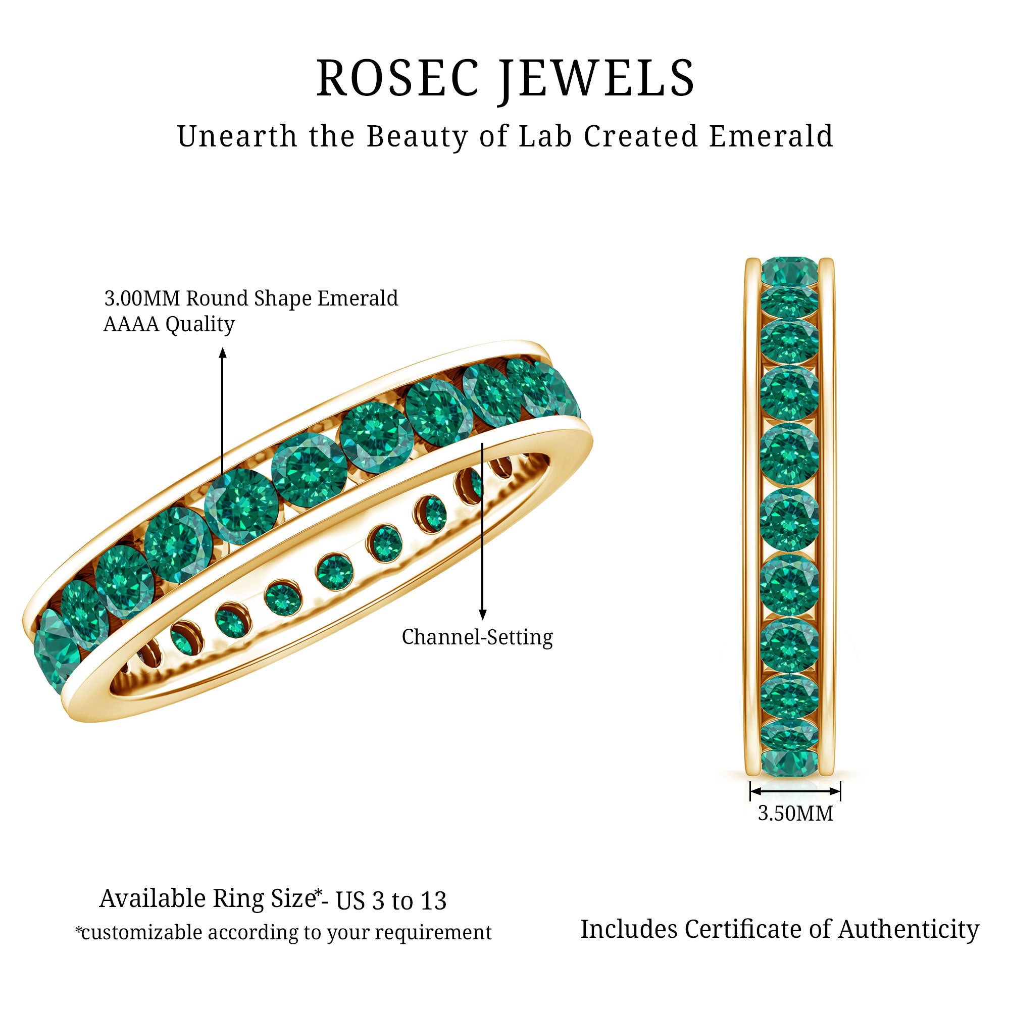 Certified Lab Grown Emerald Wedding Anniversary Ring in Channel Setting AAAA - Rosec Jewels
