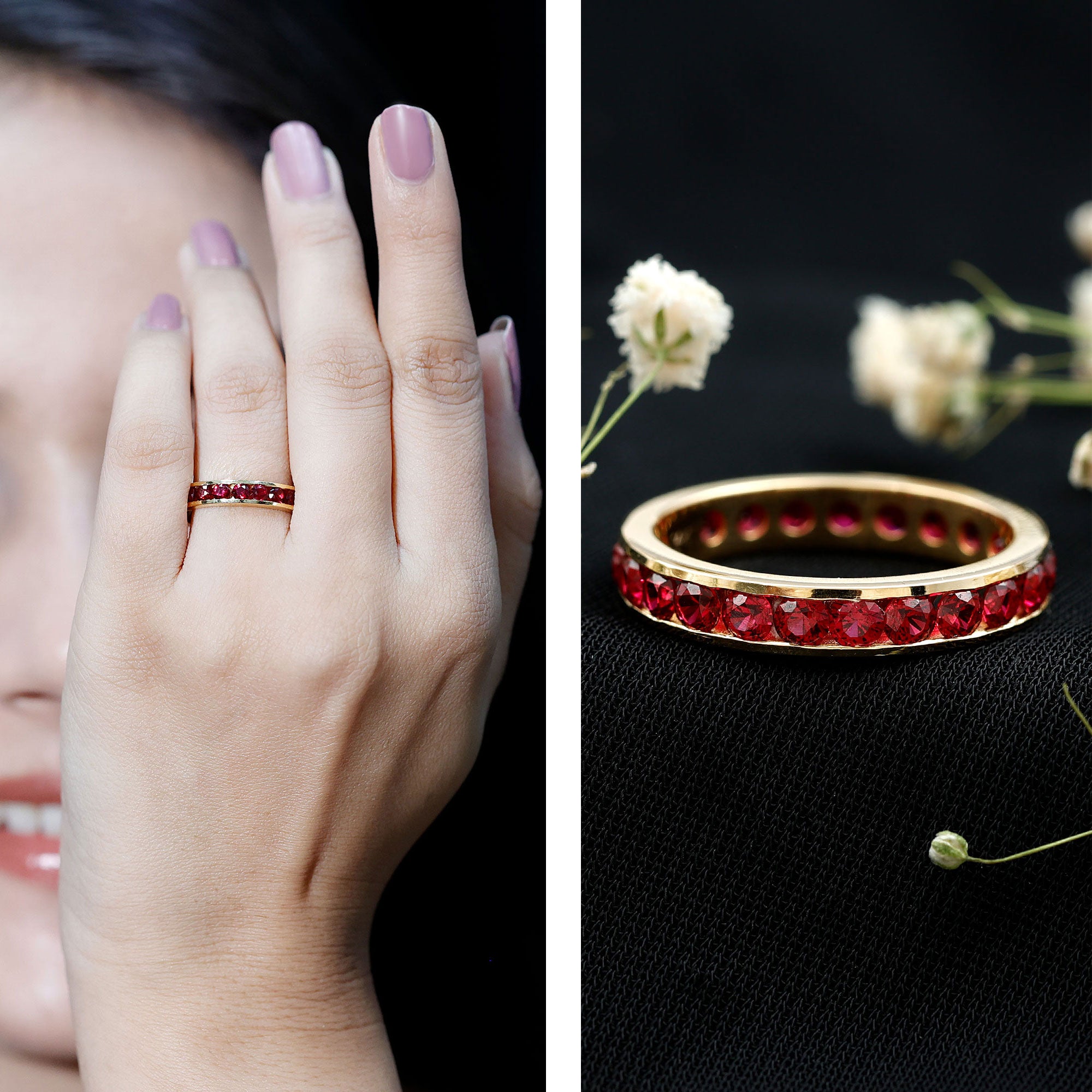 Round Created Ruby Full Eternity Ring in Channel Setting AAAA - Rosec Jewels