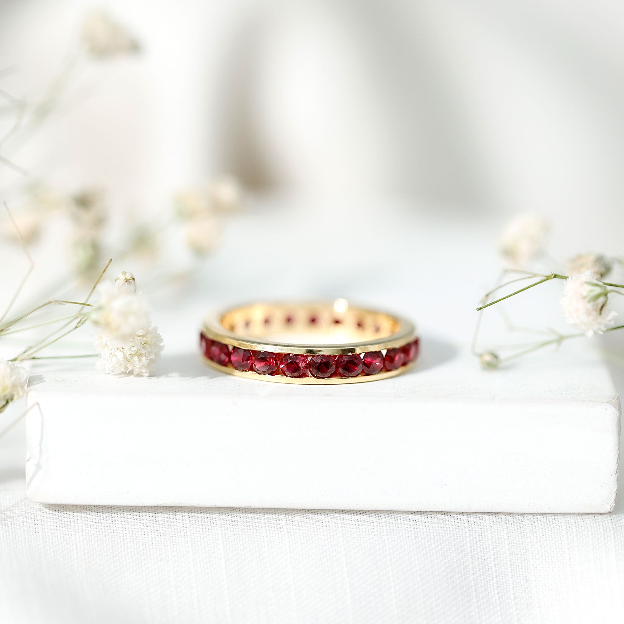 Round Created Ruby Full Eternity Ring in Channel Setting AAAA - Rosec Jewels