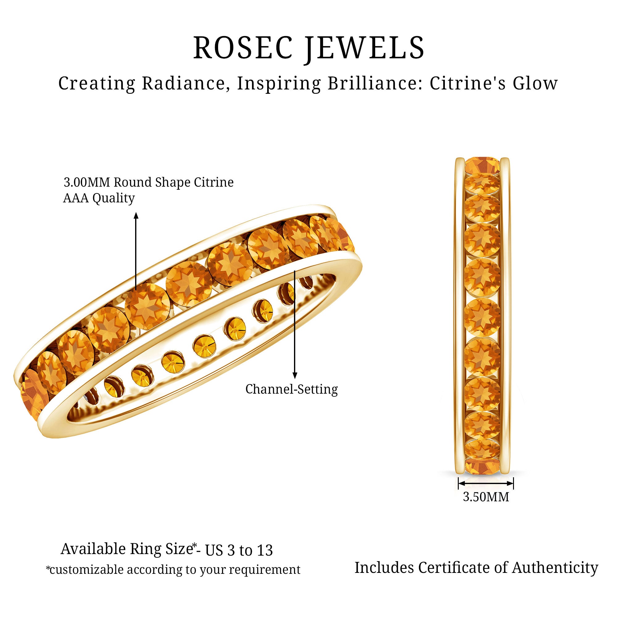 Natural Citrine Channel Set Eternity Ring for Anniversary AAA - Rosec Jewels