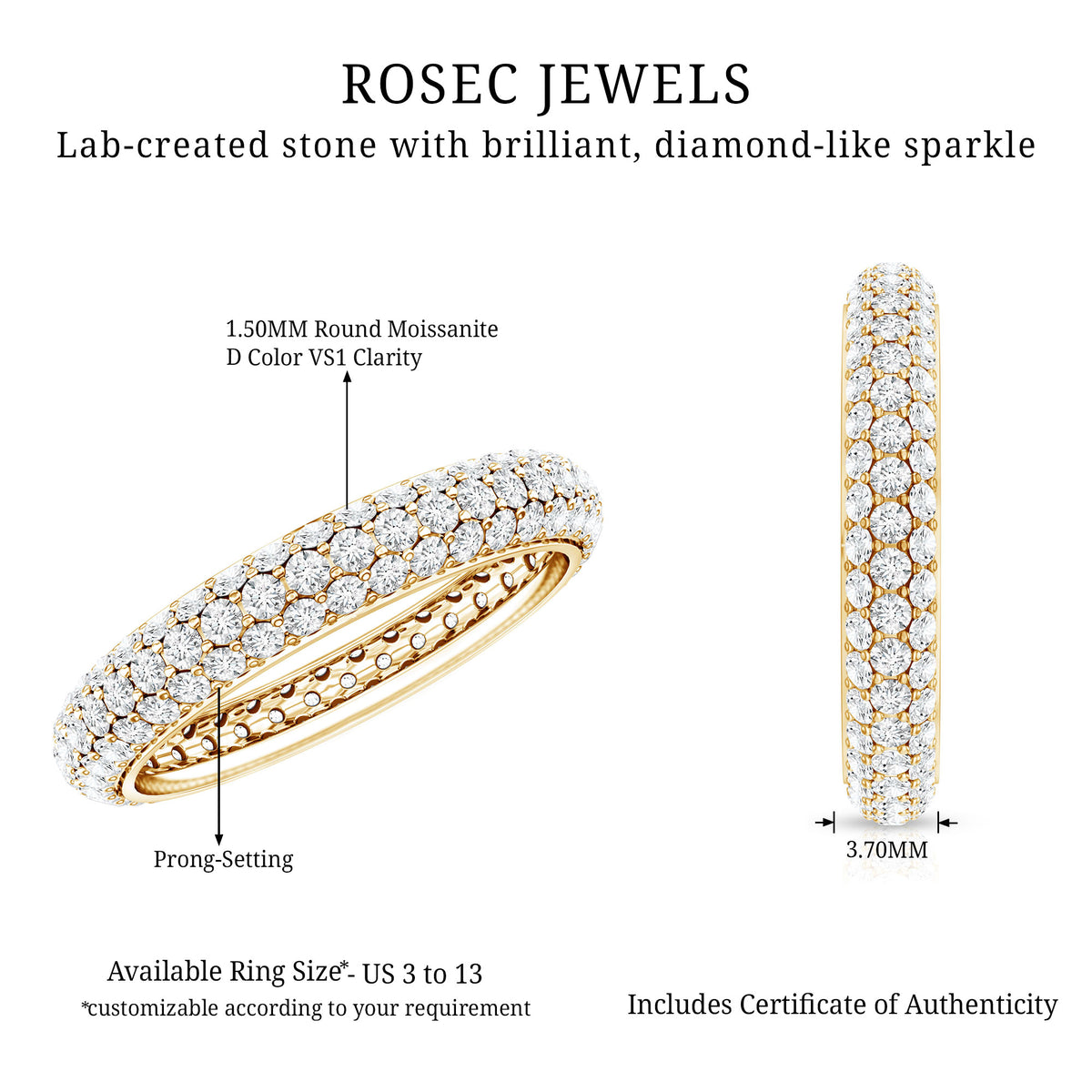 Pave Set Certified Moissanite Three Row Eternity Band D-VS1 - Rosec Jewels