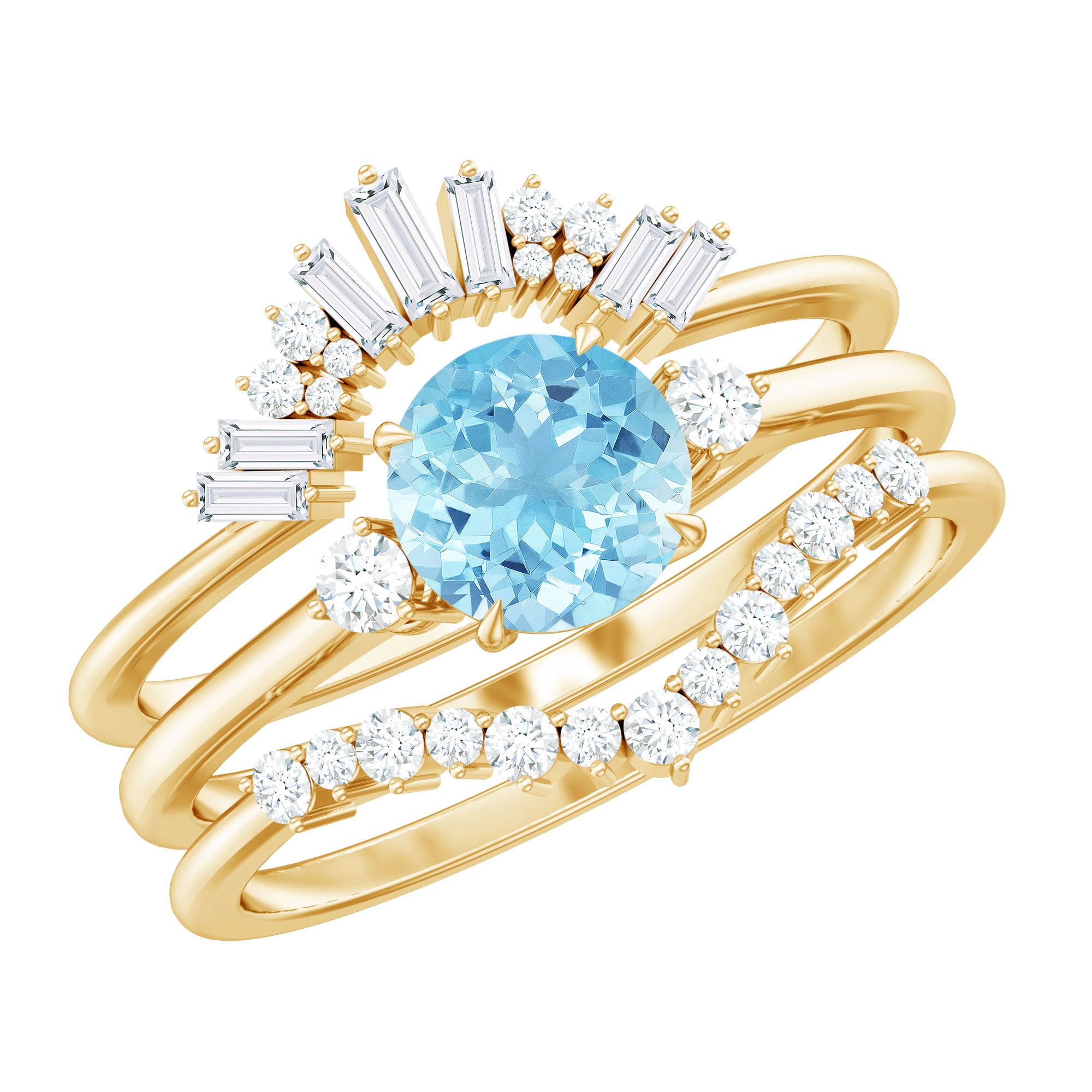 Real Aquamarine Designer Trio Wedding Ring Set with Diamond AAA - Rosec Jewels