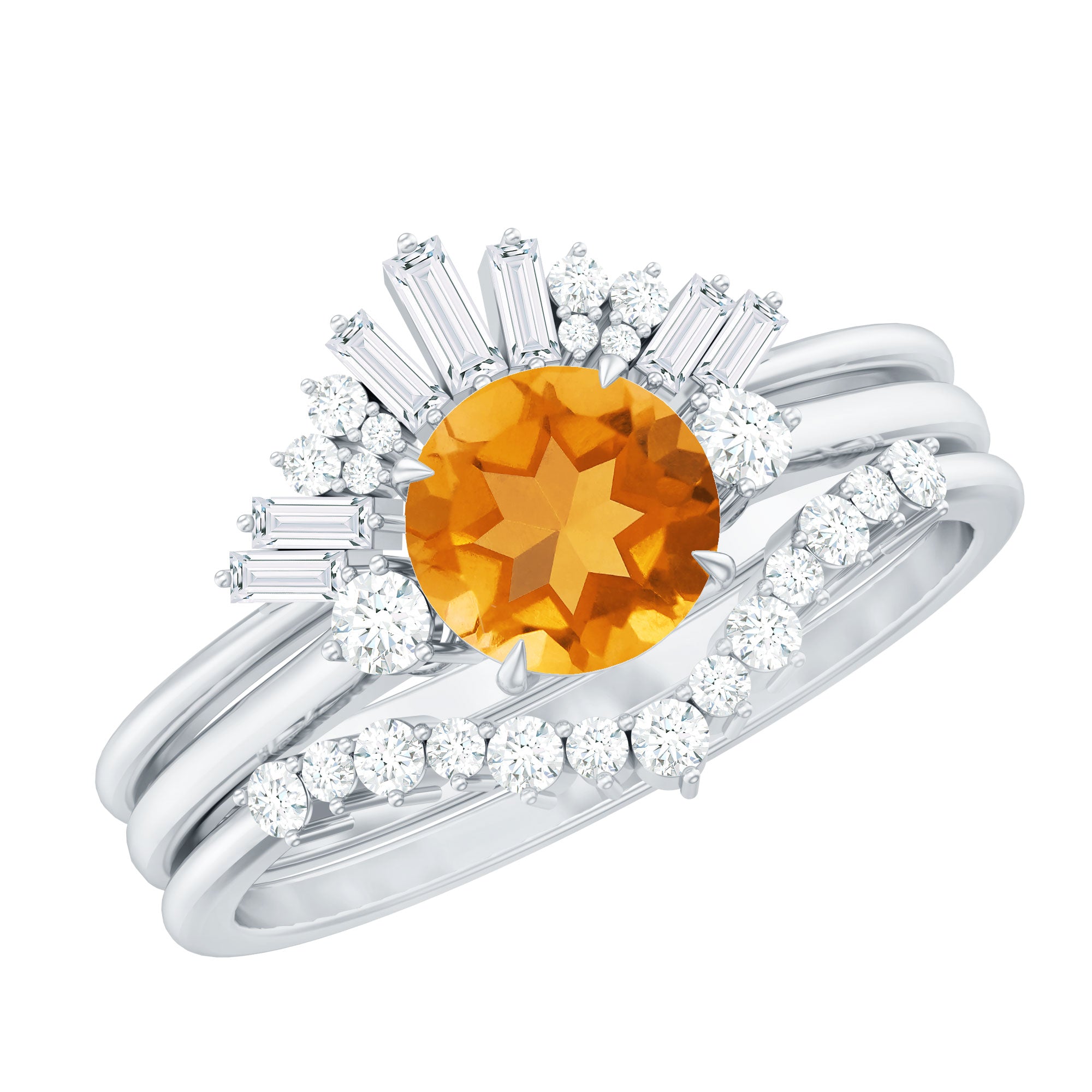 Round Citrine Designer Trio Wedding Ring Set with Moissanite