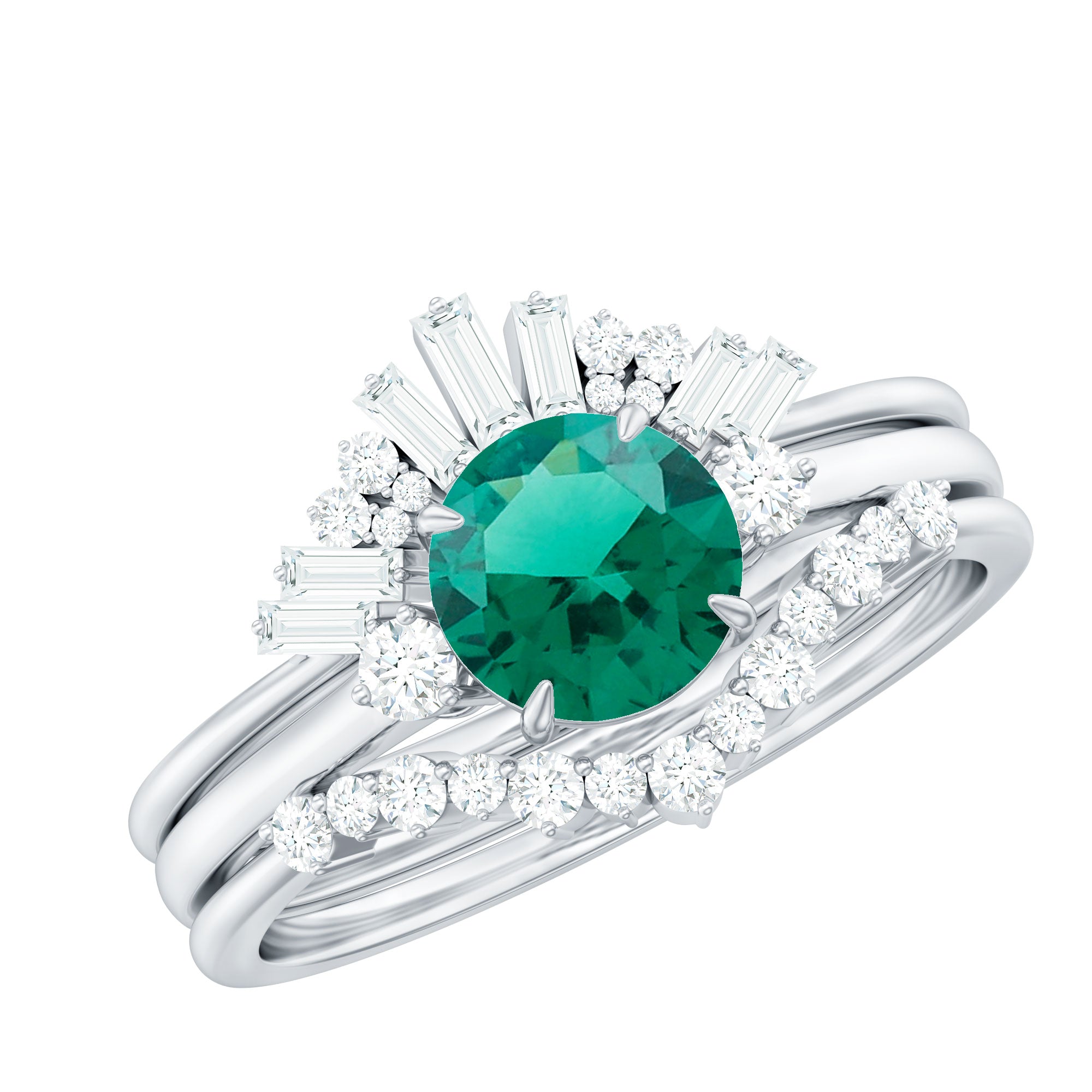 Vintage Inspired Lab Grown Emerald Diamond Wedding Bridal Ring Set of 3