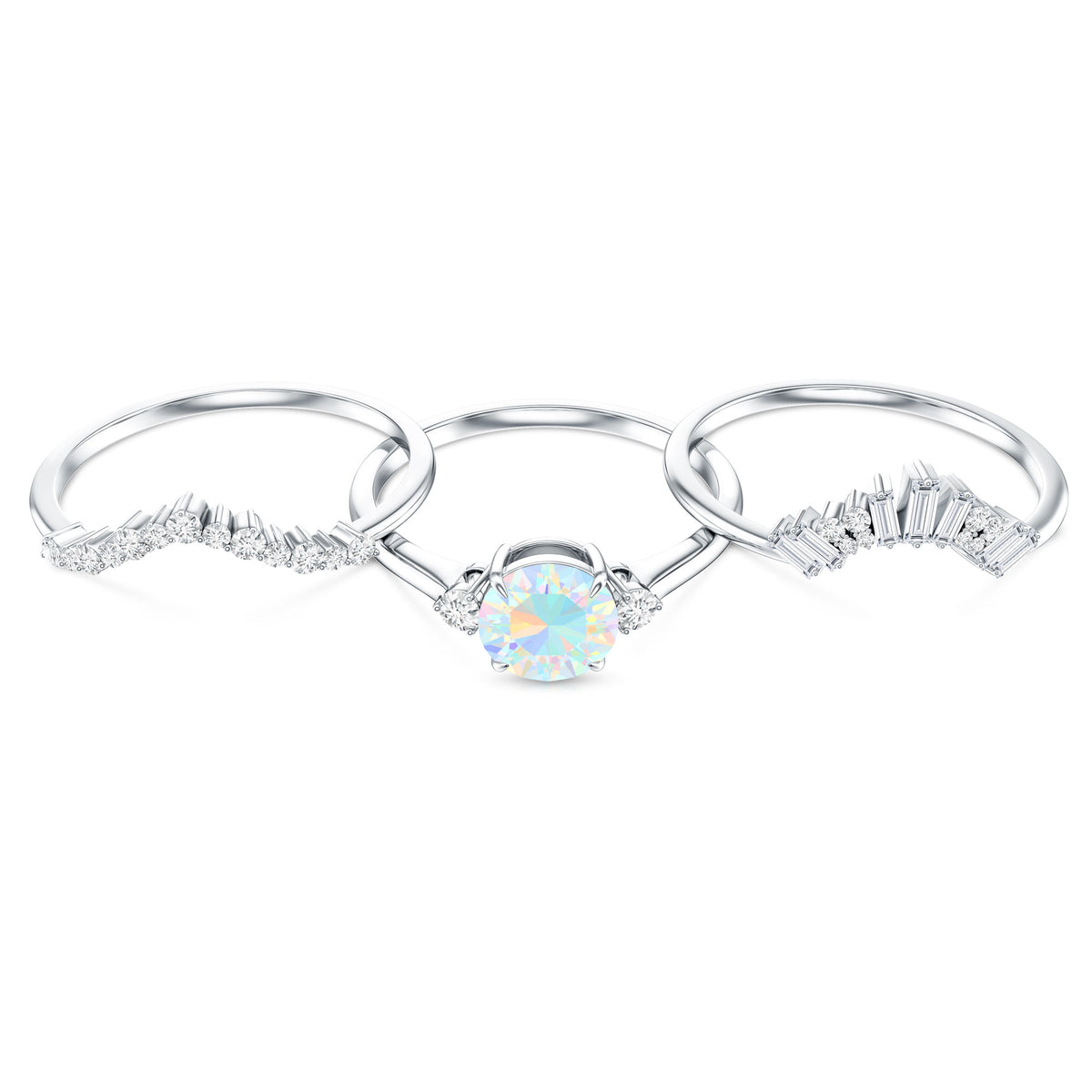 0.8 Carat Natural Ethiopian Rainbow Opal Diamond Wedding Bridal Ring Set of 3 AAA - Rosec Jewels