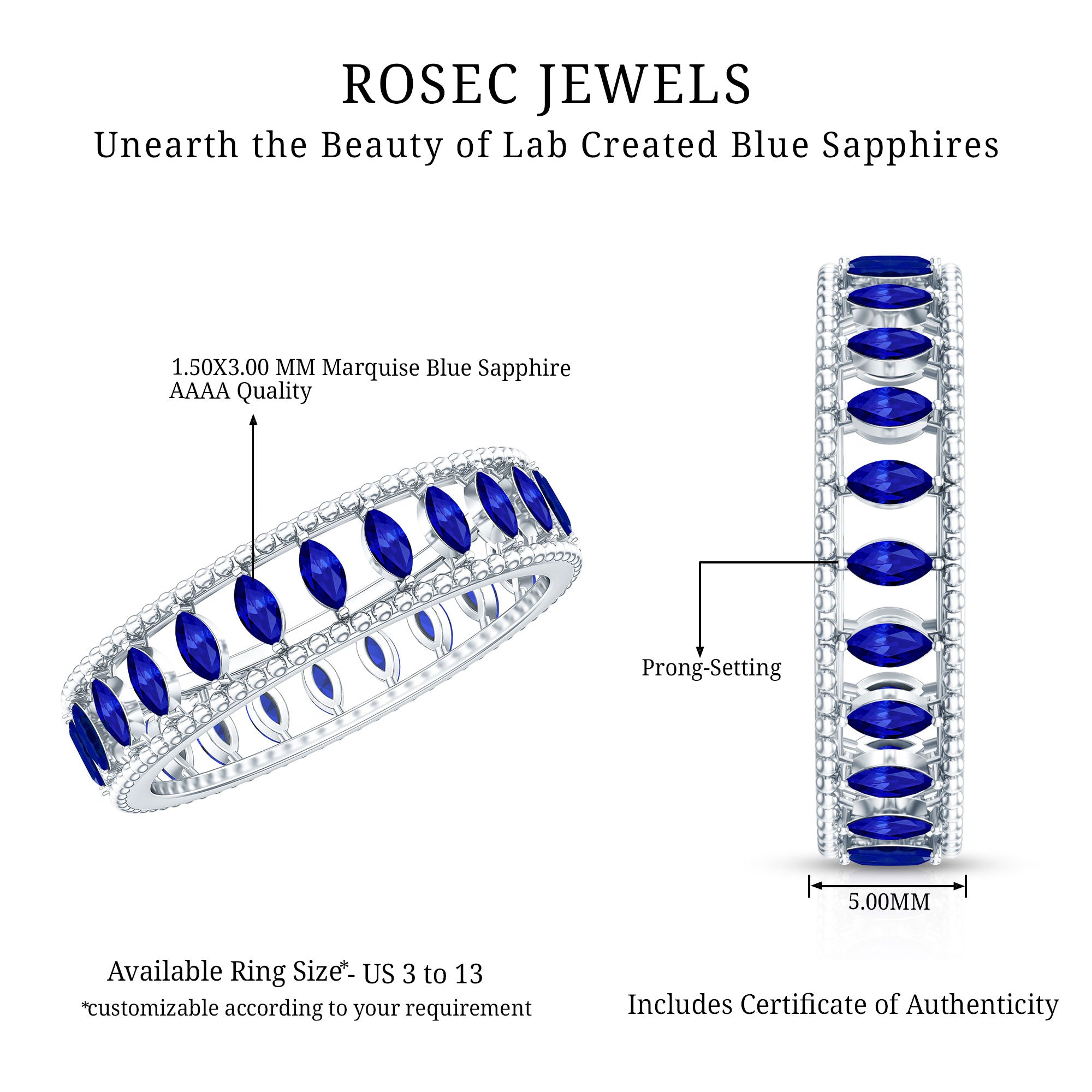 Marquise Cut Created Blue Sapphire Eternity Band with Beaded Detailing AAAA - Rosec Jewels