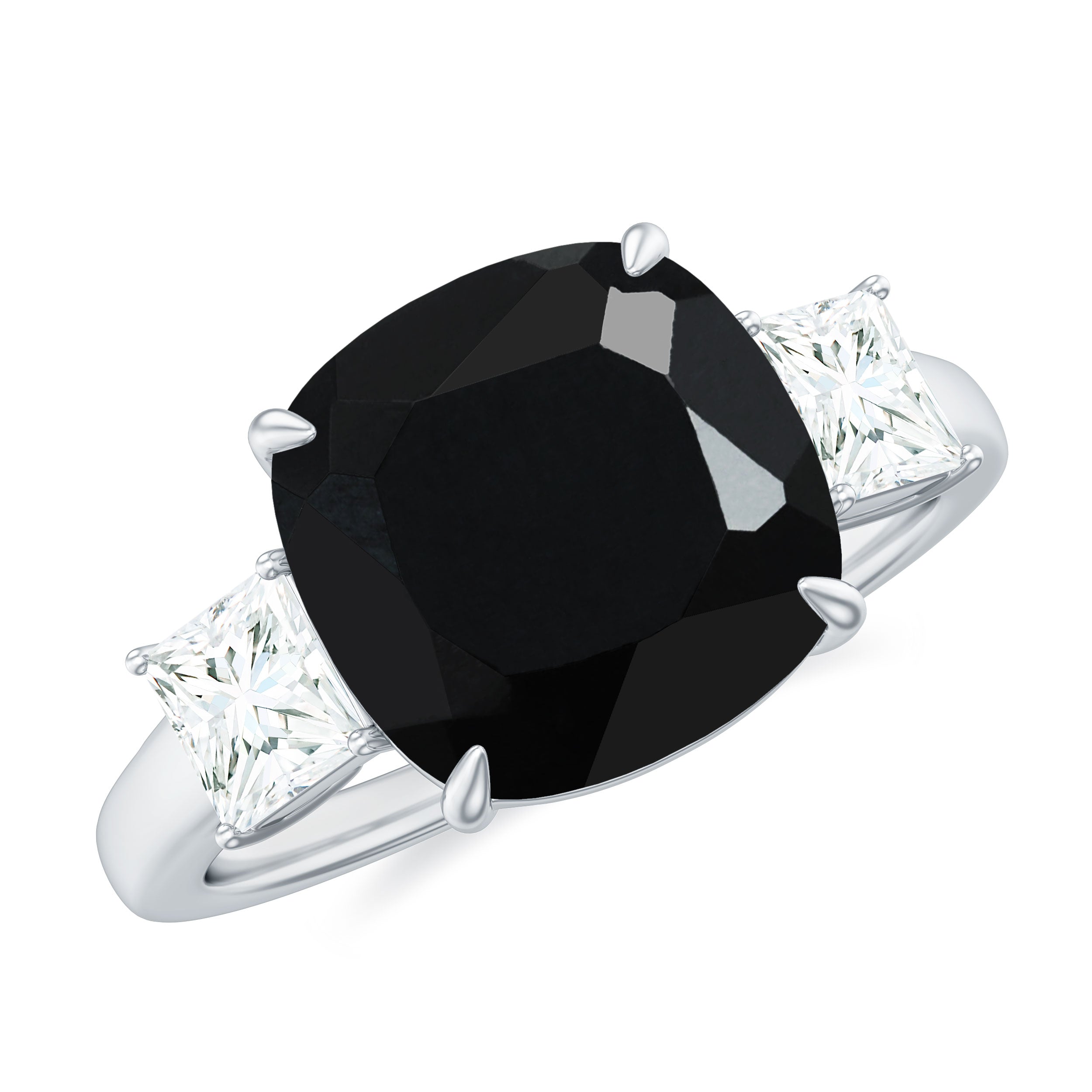 Cushion Cut Black Spinel Solitaire Engagement Ring with Moissanite