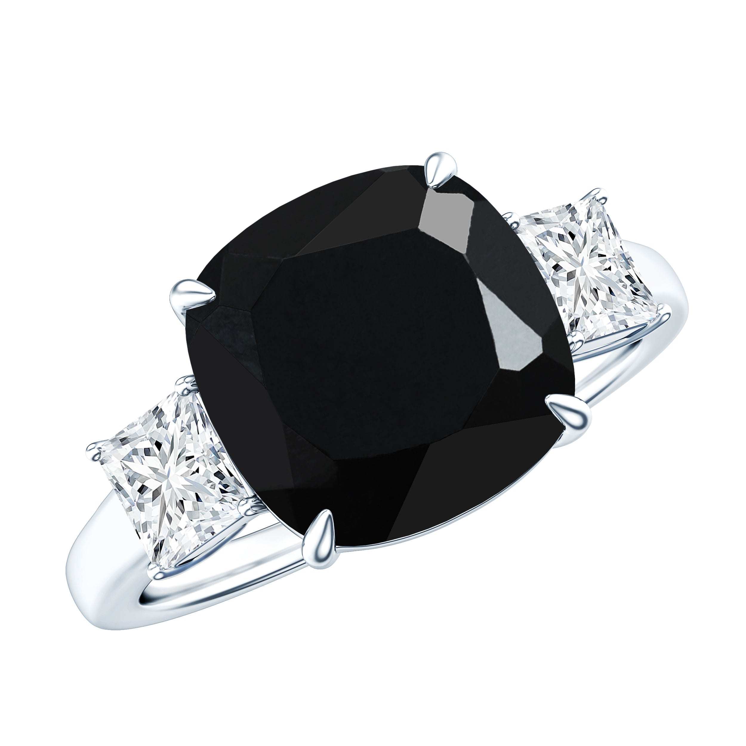 Cushion Cut Black Spinel Solitaire Engagement Ring with Moissanite AAA - Rosec Jewels