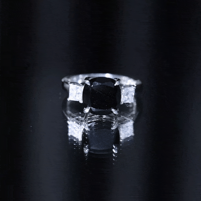 3.8 Carat Cushion Cut Lab Grown Black Diamond Three Engagement Ring with Moissanite AAAA ( Synthetic ) - Rosec Jewels