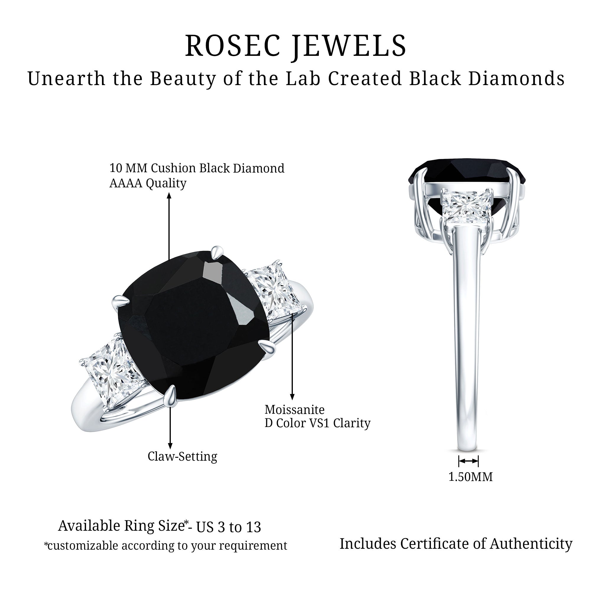 3.8 Carat Cushion Cut Lab Grown Black Diamond Three Engagement Ring with Moissanite AAAA ( Synthetic ) - Rosec Jewels