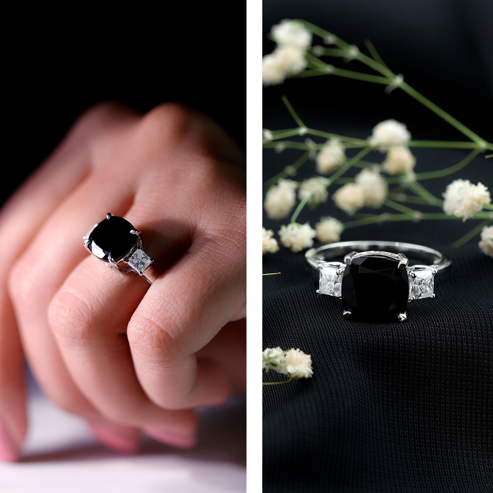 3.8 Carat Cushion Cut Lab Grown Black Diamond Three Engagement Ring with Moissanite AAAA ( Synthetic ) - Rosec Jewels