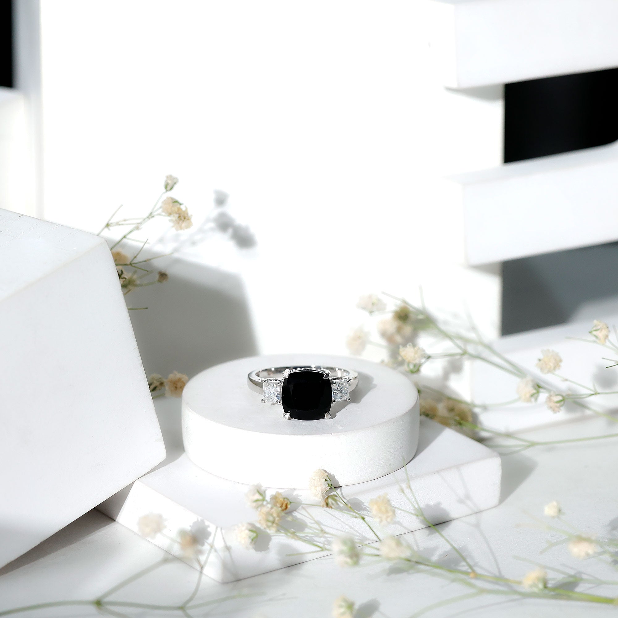 3.8 Carat Cushion Cut Lab Grown Black Diamond Three Engagement Ring with Moissanite AAAA ( Synthetic ) - Rosec Jewels