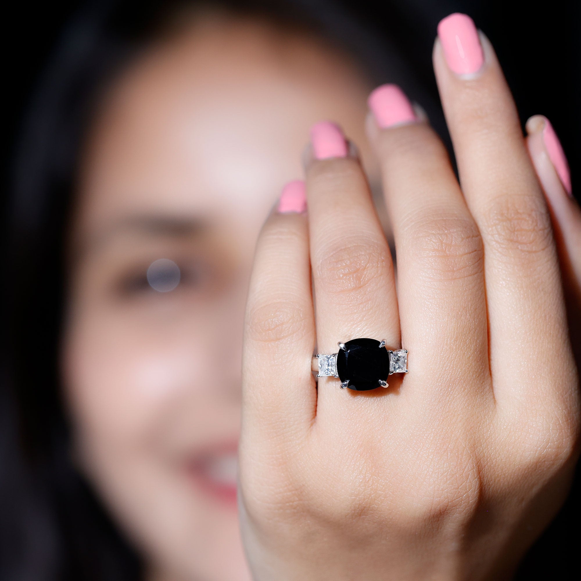 3.8 Carat Cushion Cut Lab Grown Black Diamond Three Engagement Ring with Moissanite AAAA ( Synthetic ) - Rosec Jewels