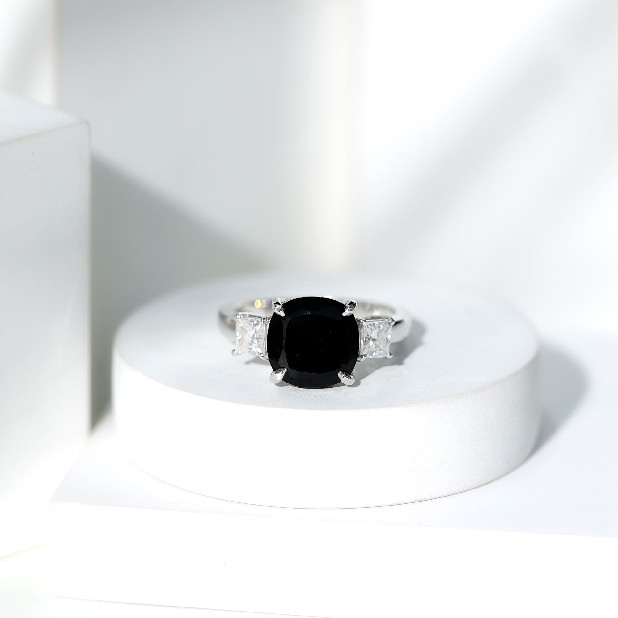 3.8 Carat Cushion Cut Lab Grown Black Diamond Three Engagement Ring with Moissanite AAAA ( Synthetic ) - Rosec Jewels