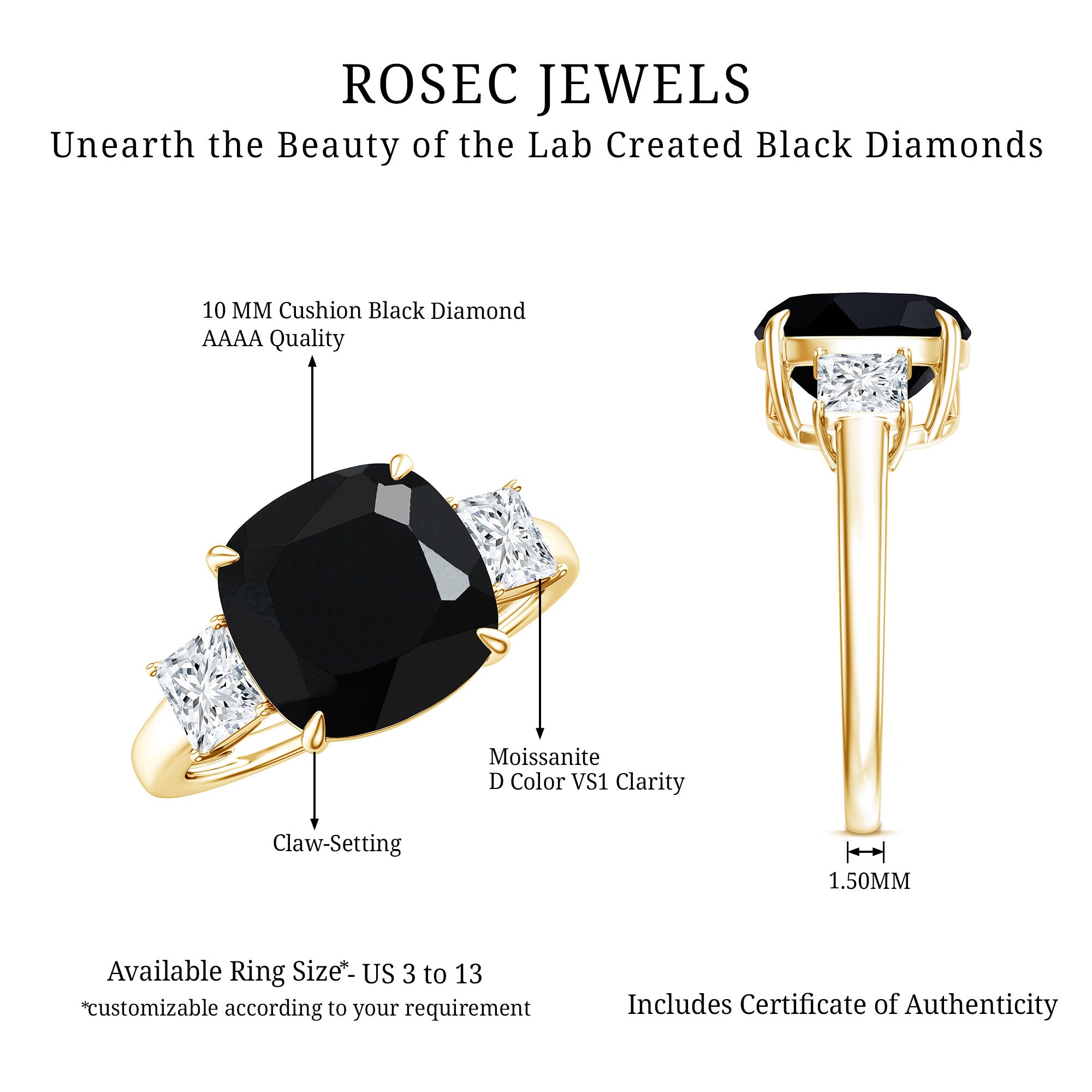 3.8 Carat Cushion Cut Lab Grown Black Diamond Three Engagement Ring with Moissanite AAAA ( Synthetic ) - Rosec Jewels
