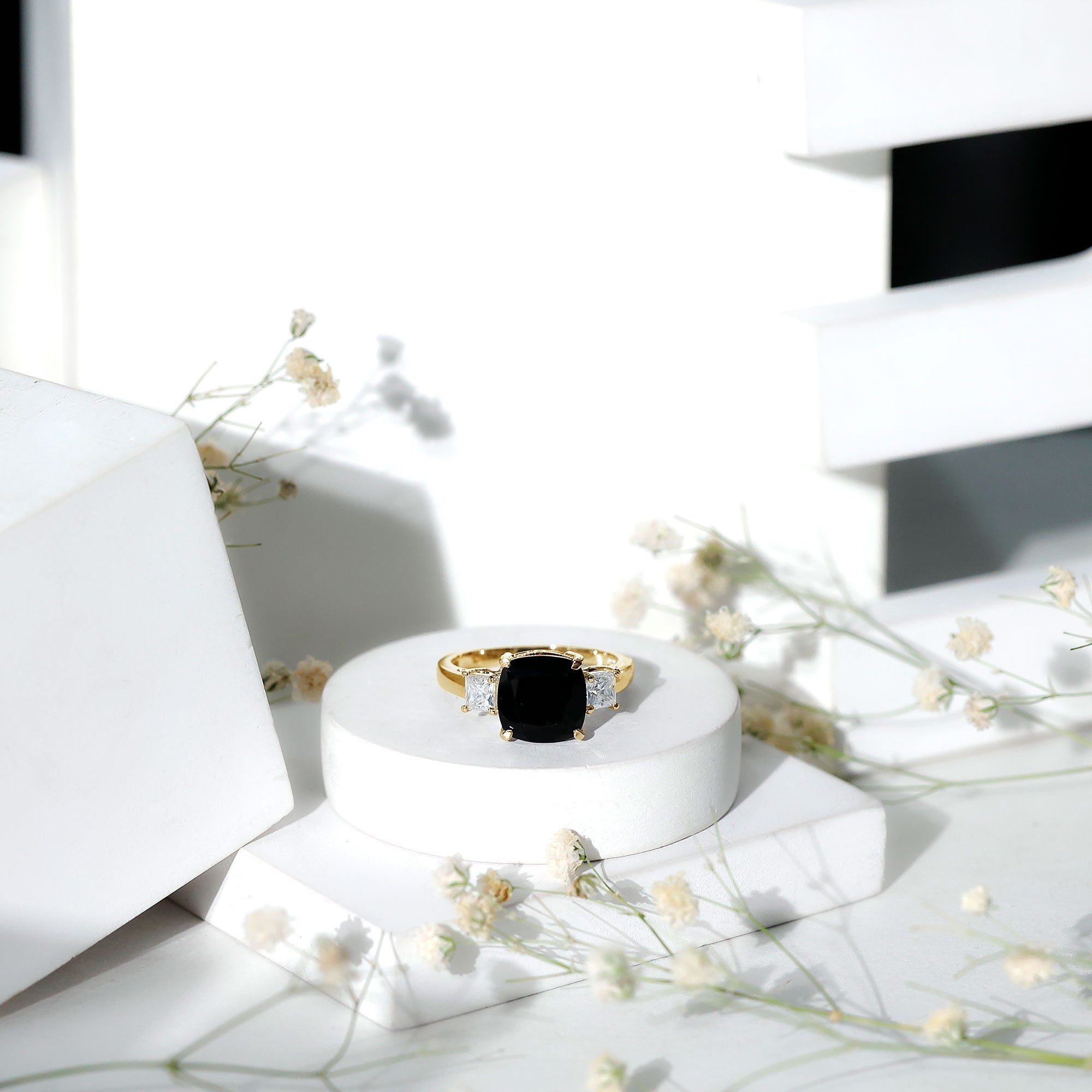 3.8 Carat Cushion Cut Lab Grown Black Diamond Three Engagement Ring with Moissanite AAAA ( Synthetic ) - Rosec Jewels