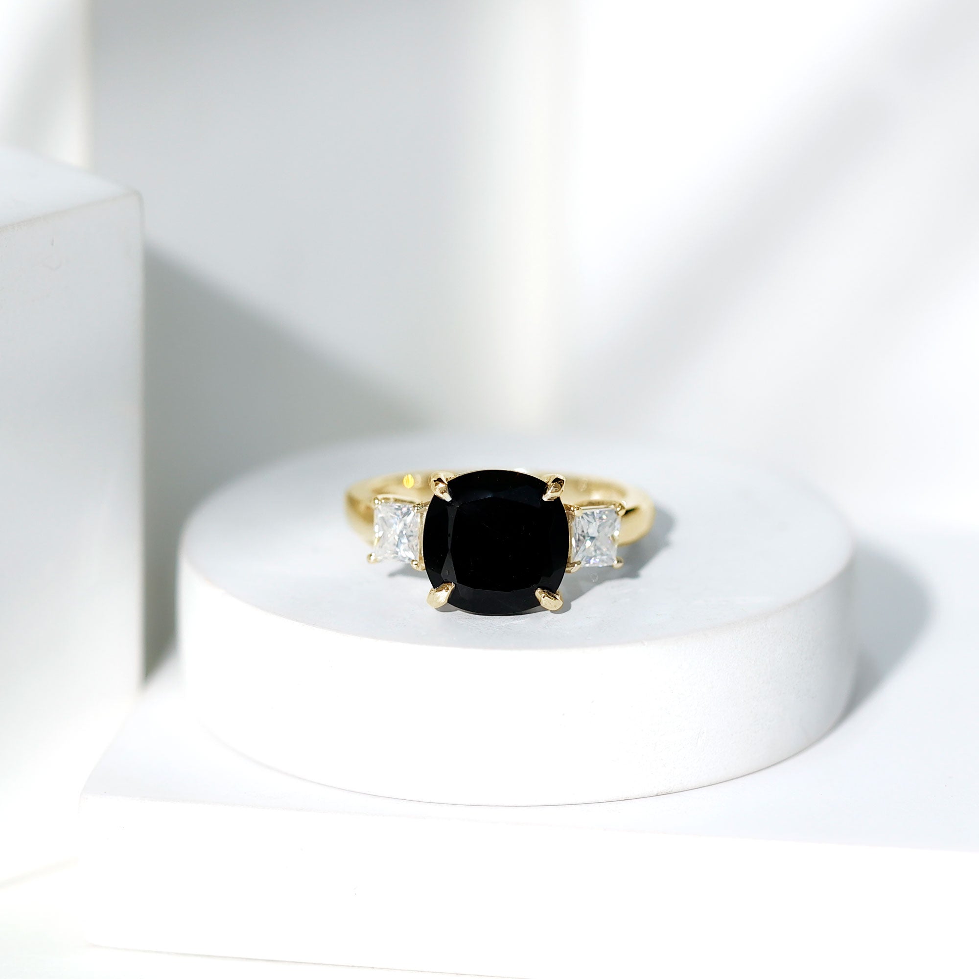 3.8 Carat Cushion Cut Lab Grown Black Diamond Three Engagement Ring with Moissanite AAAA ( Synthetic ) - Rosec Jewels