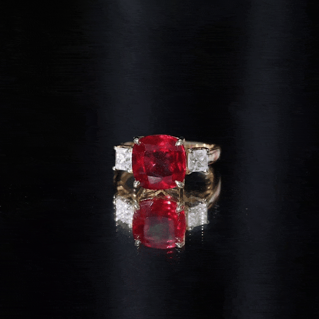 Lab Created Ruby Cushion Engagement Ring with Moissanite AAAA - Rosec Jewels