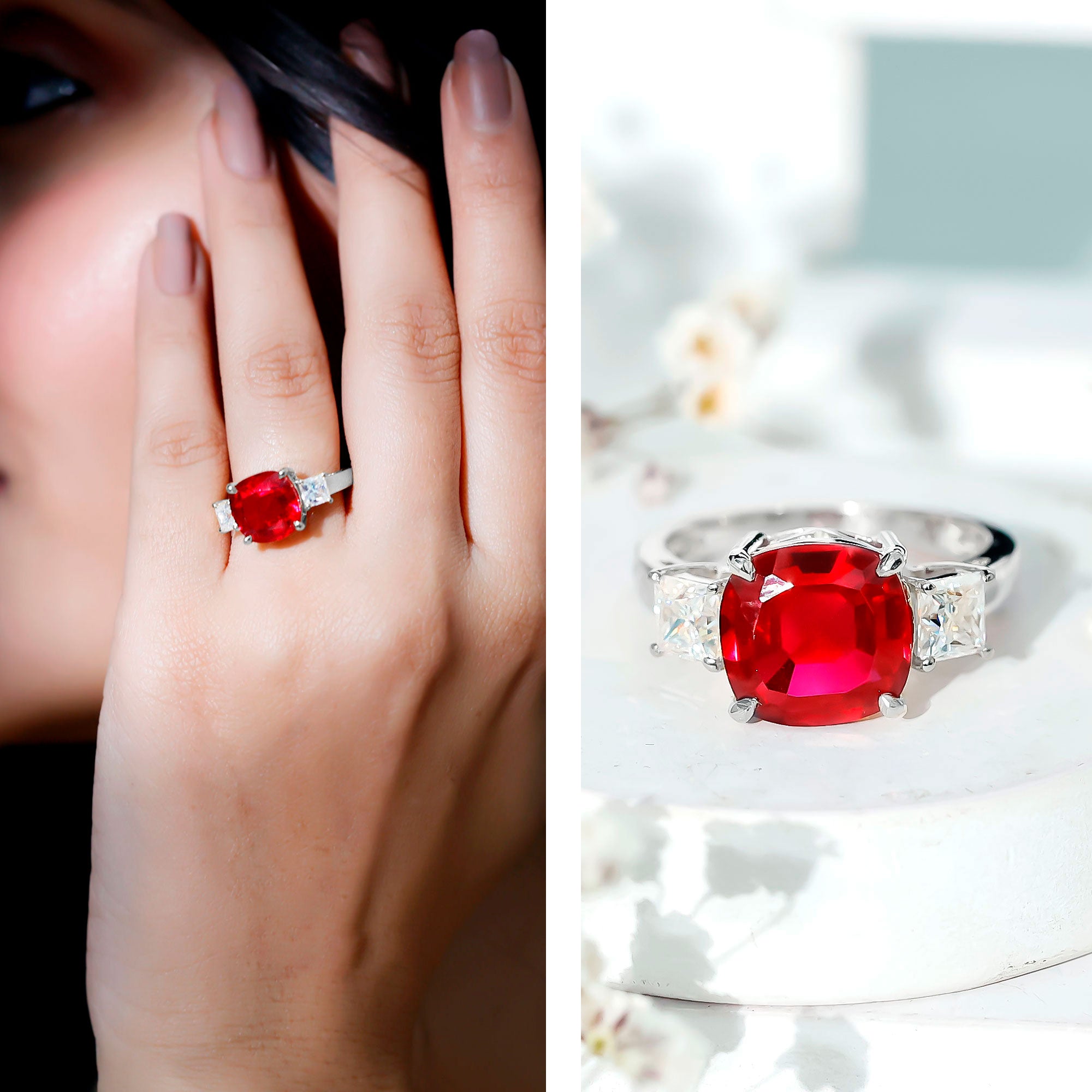 Lab Created Ruby Cushion Engagement Ring with Moissanite AAAA - Rosec Jewels