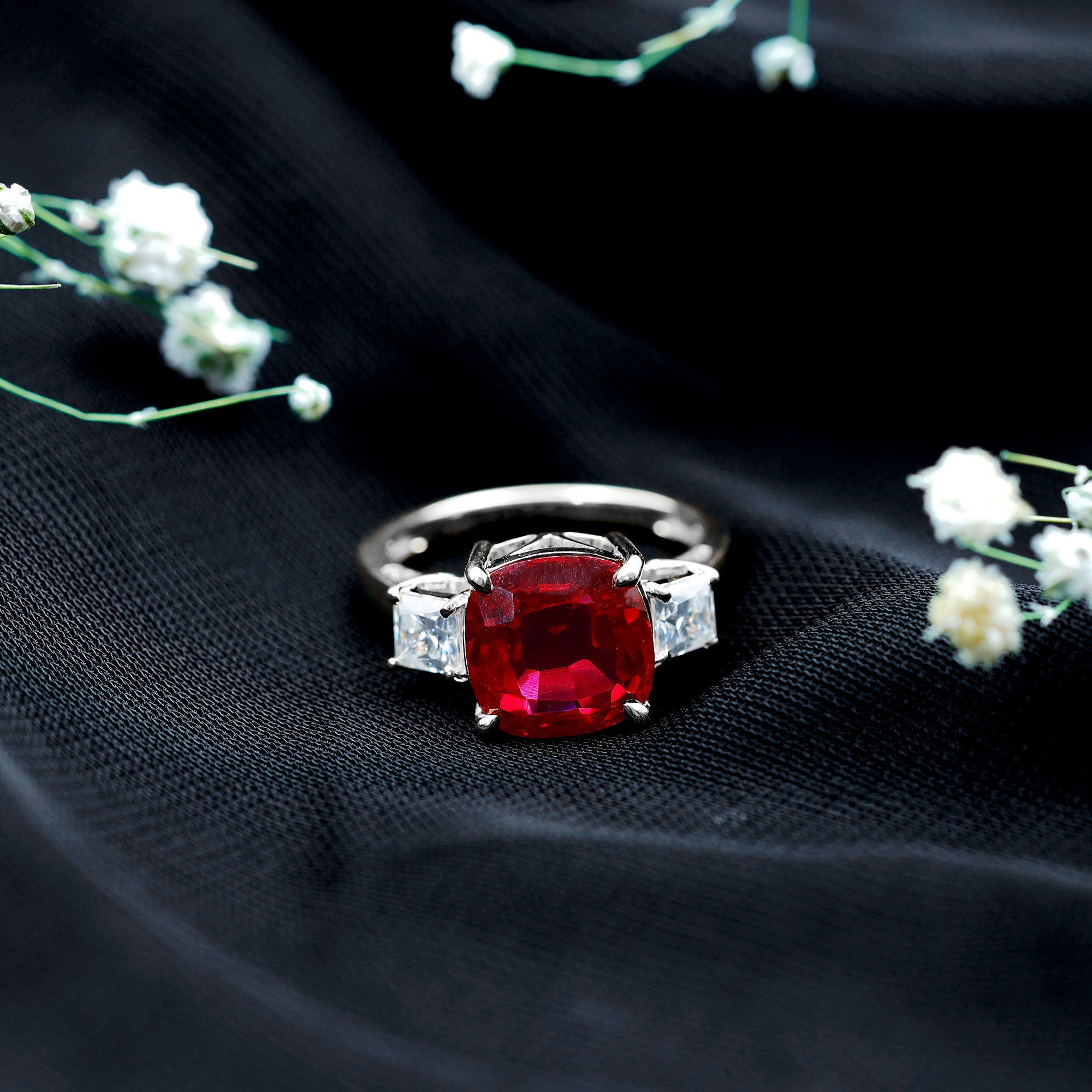 Lab Created Ruby Cushion Engagement Ring with Moissanite AAAA - Rosec Jewels