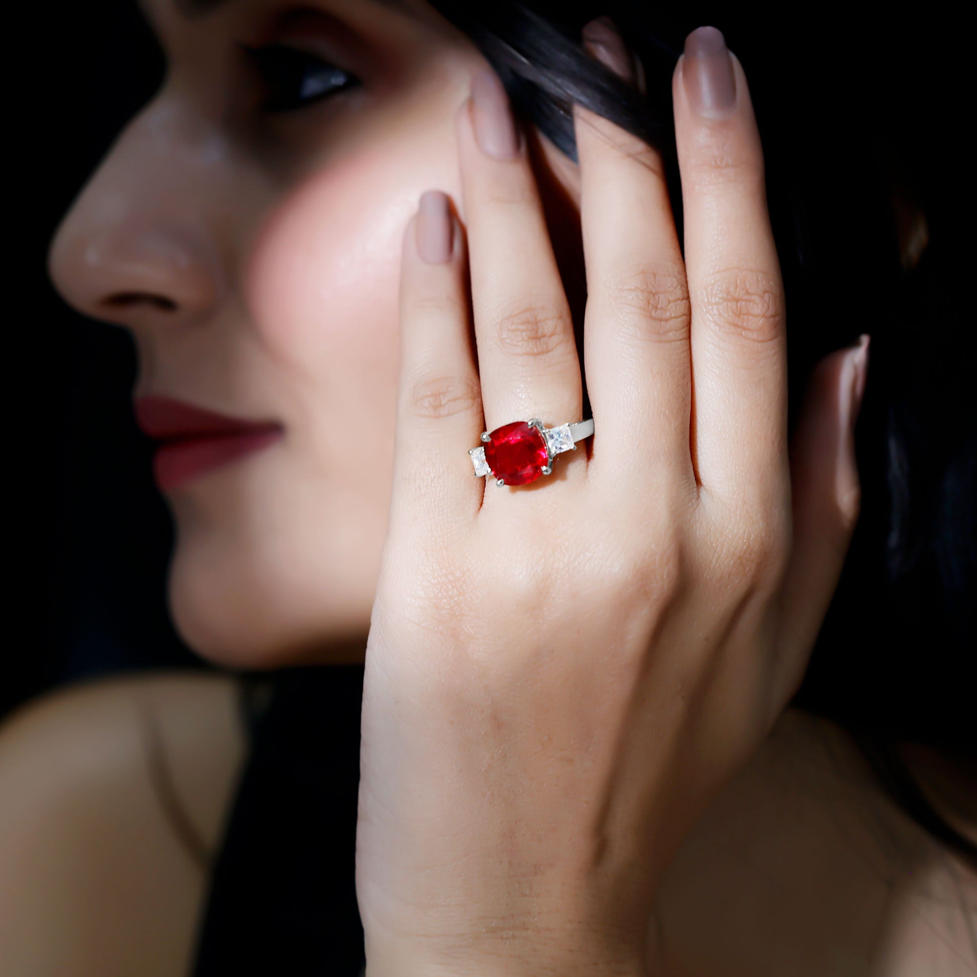 Lab Created Ruby Cushion Engagement Ring with Moissanite AAAA - Rosec Jewels