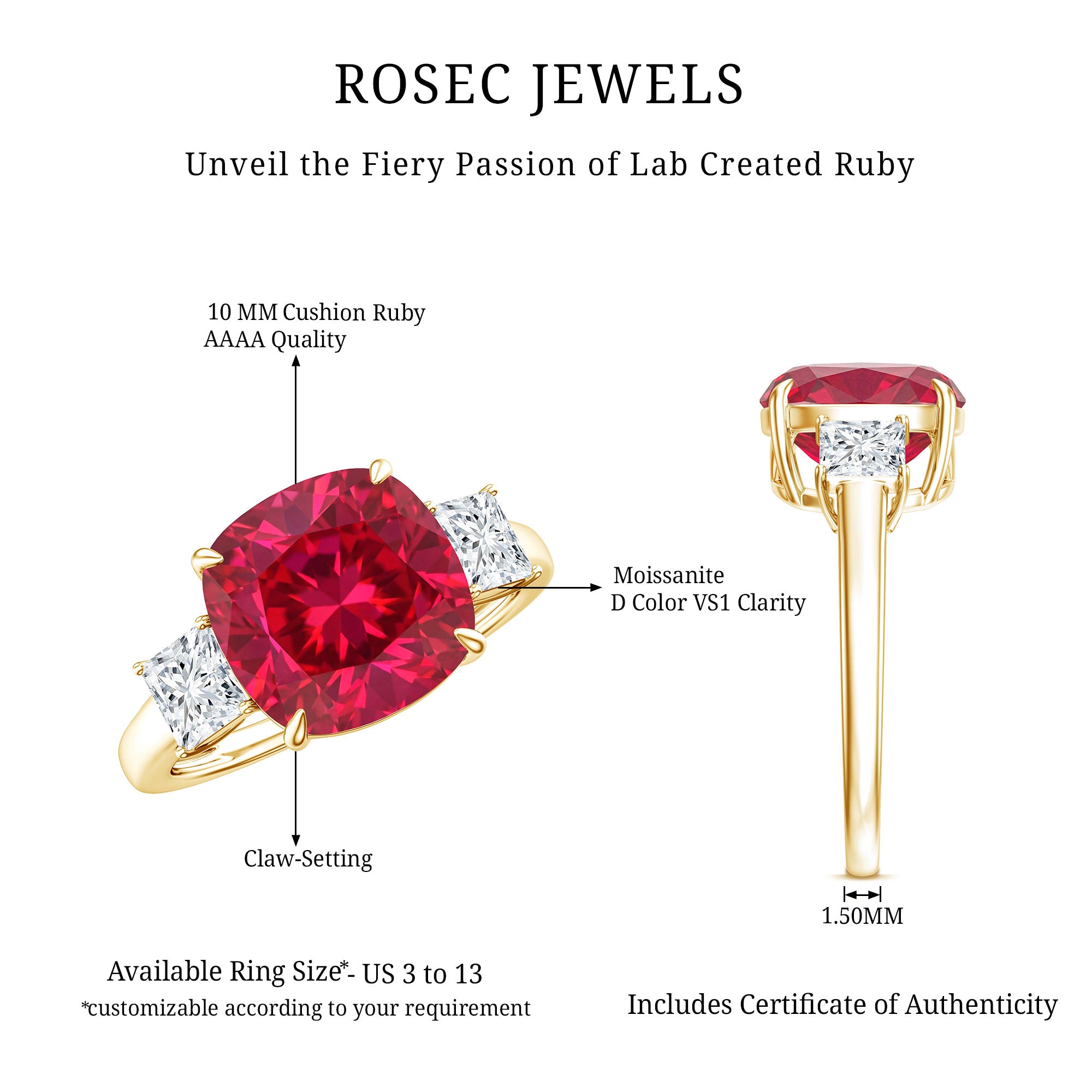 Lab Created Ruby Cushion Engagement Ring with Moissanite AAAA - Rosec Jewels