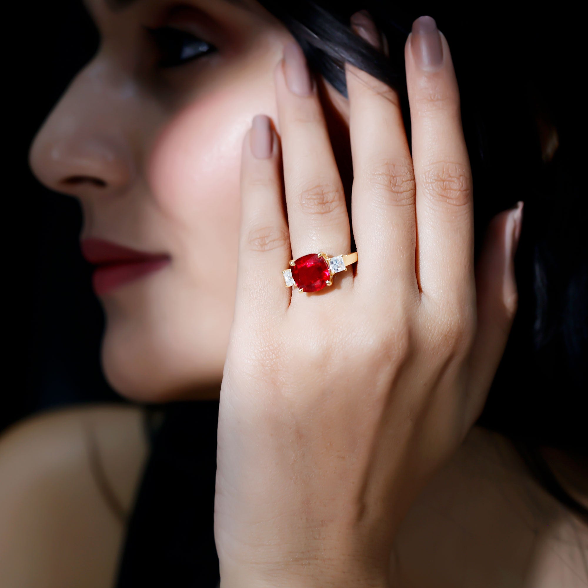 Lab Created Ruby Cushion Engagement Ring with Moissanite AAAA - Rosec Jewels