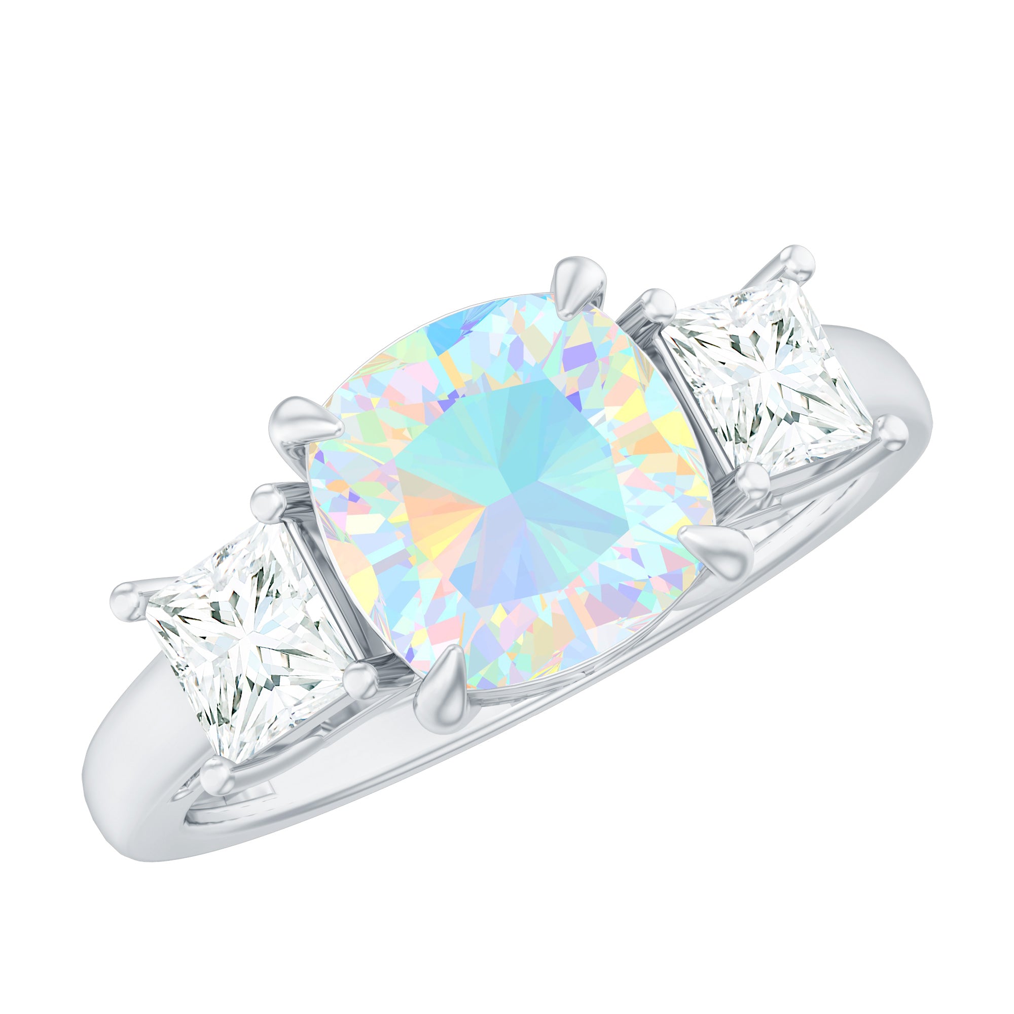 Genuine Cushion Cut Ethiopian Opal 3 Stone Engagement Ring with Moissanite
