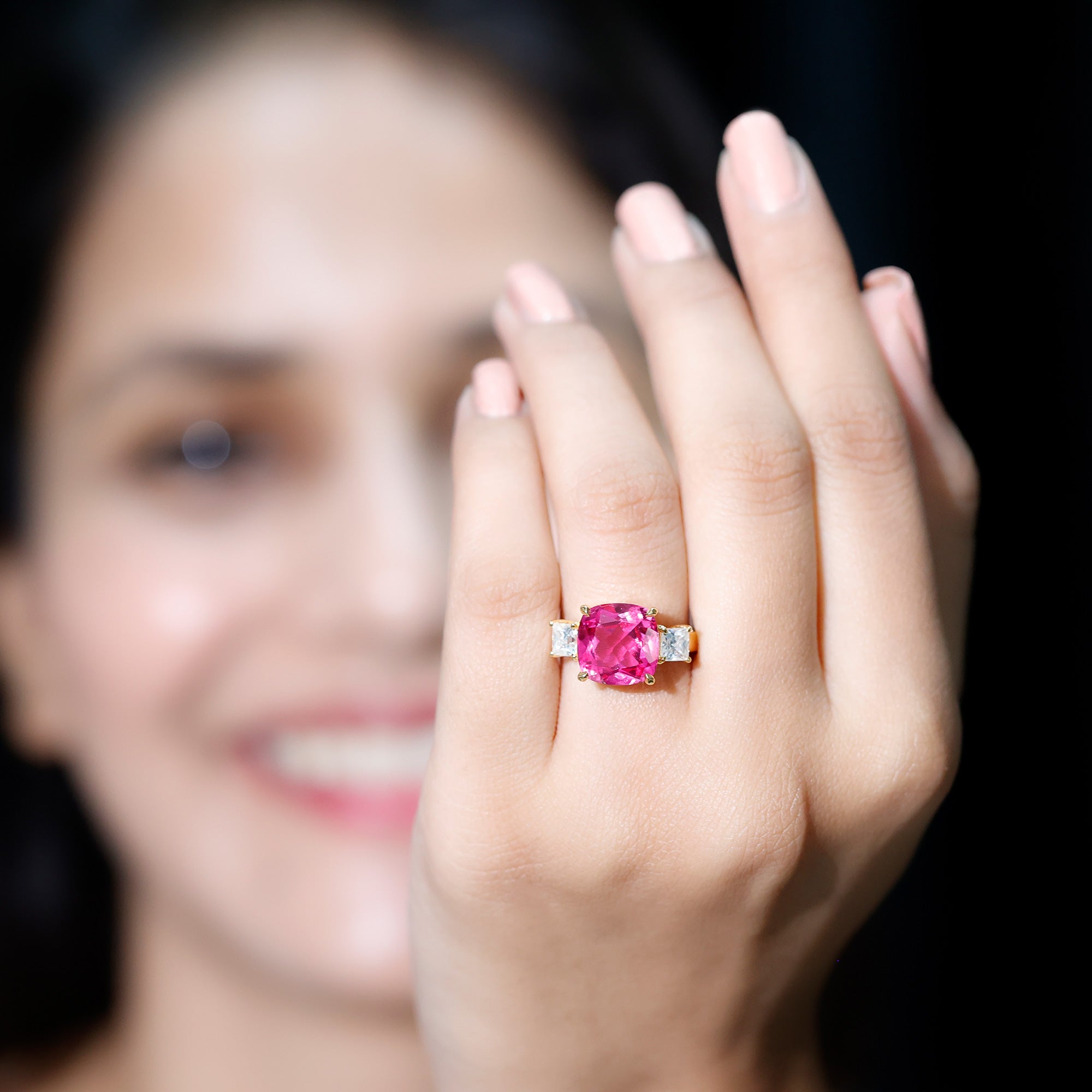 Lab Grown Pink Sapphire Past Present Future Engagement Ring AAAA - Rosec Jewels