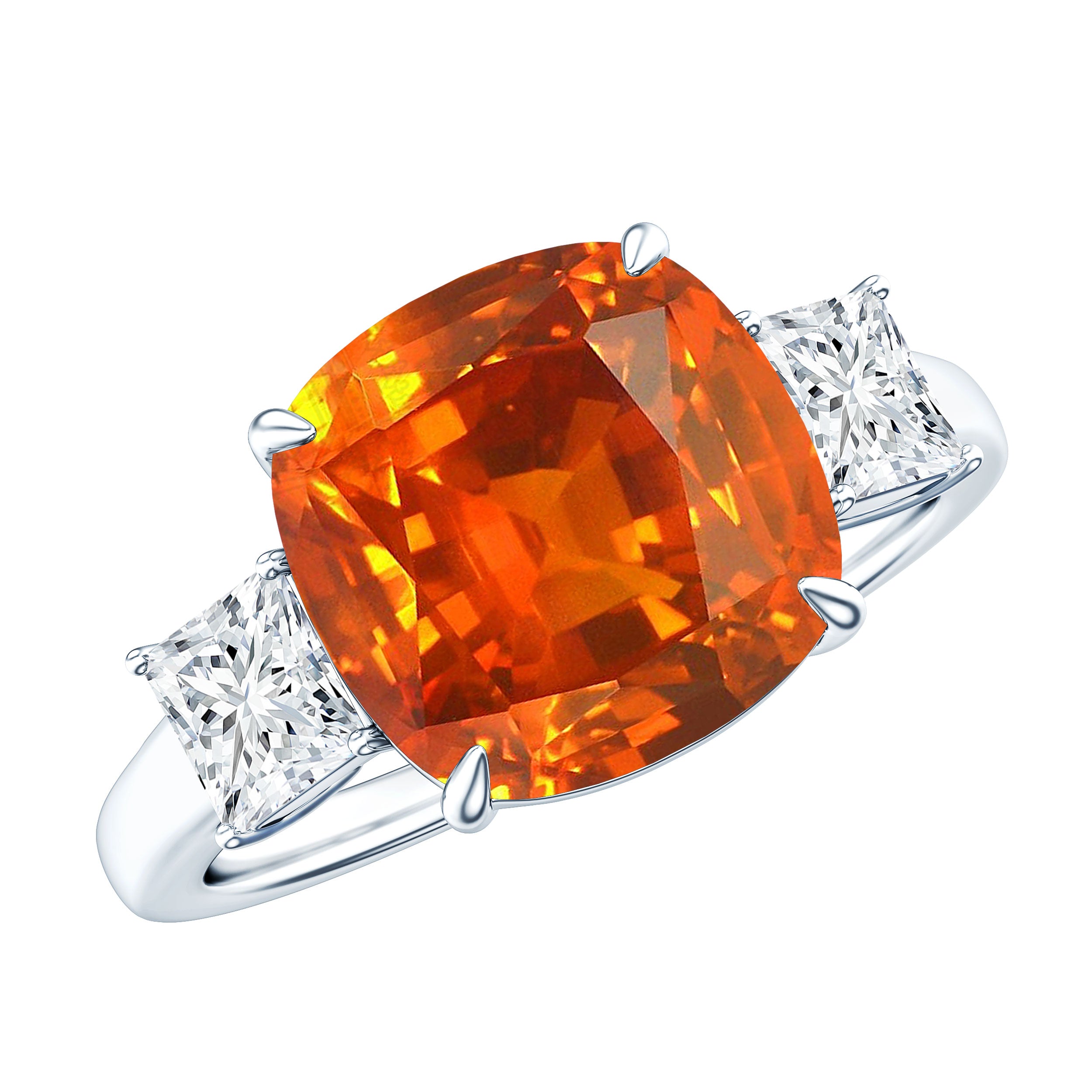 9 Carat Cushion Cut Lab Grown Orange Sapphire 3 Stone Engagement Ring AAAA - Rosec Jewels