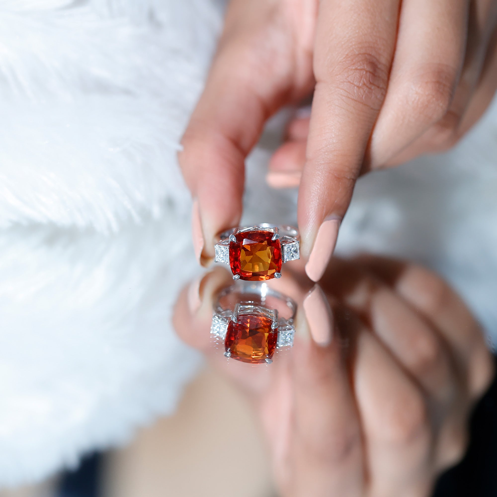 9 Carat Cushion Cut Lab Grown Orange Sapphire 3 Stone Engagement Ring AAAA - Rosec Jewels