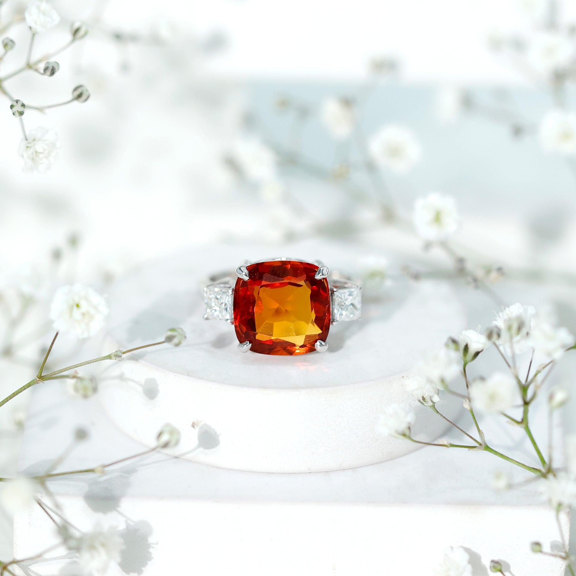 9 Carat Cushion Cut Lab Grown Orange Sapphire 3 Stone Engagement Ring AAAA - Rosec Jewels