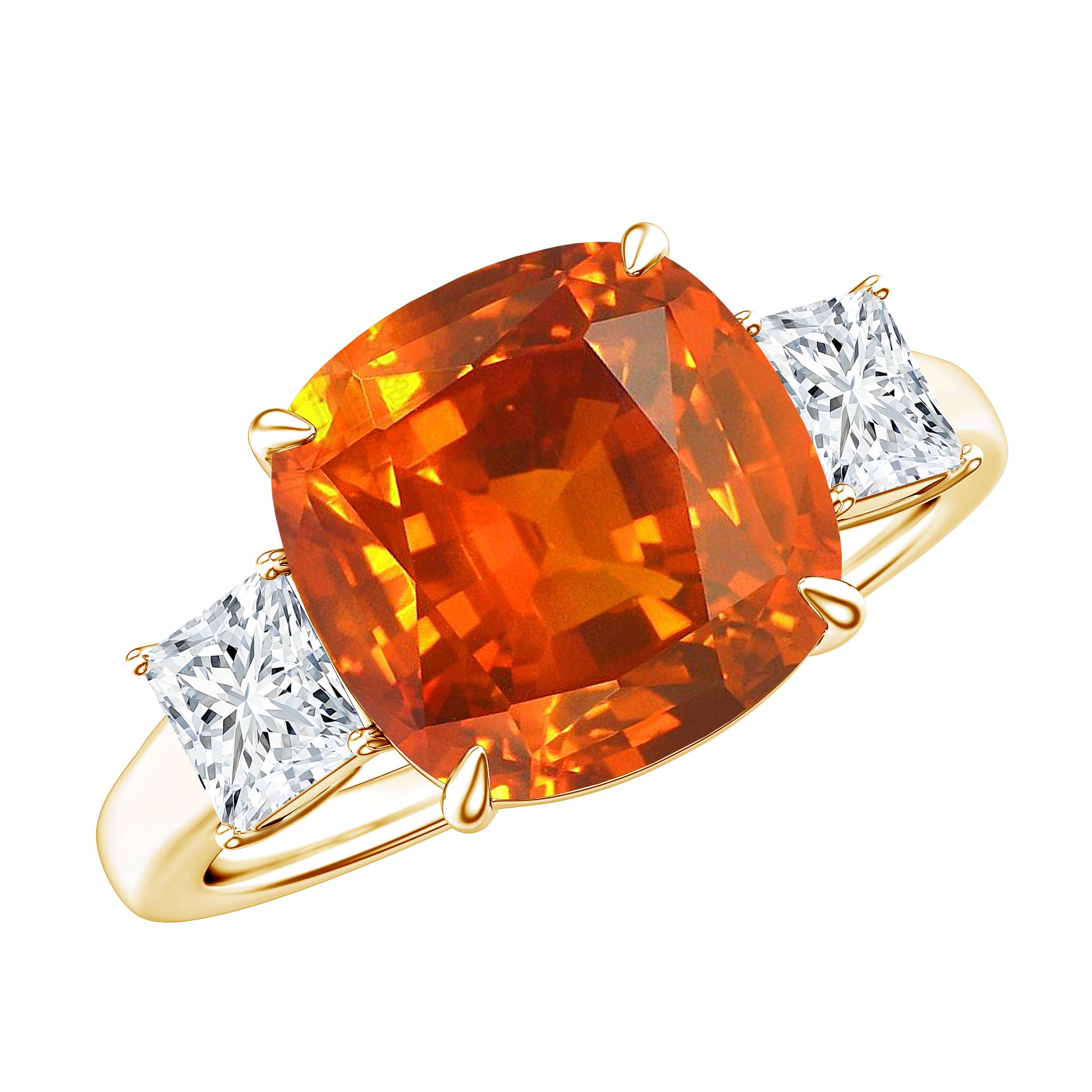 9 Carat Cushion Cut Lab Grown Orange Sapphire 3 Stone Engagement Ring AAAA - Rosec Jewels
