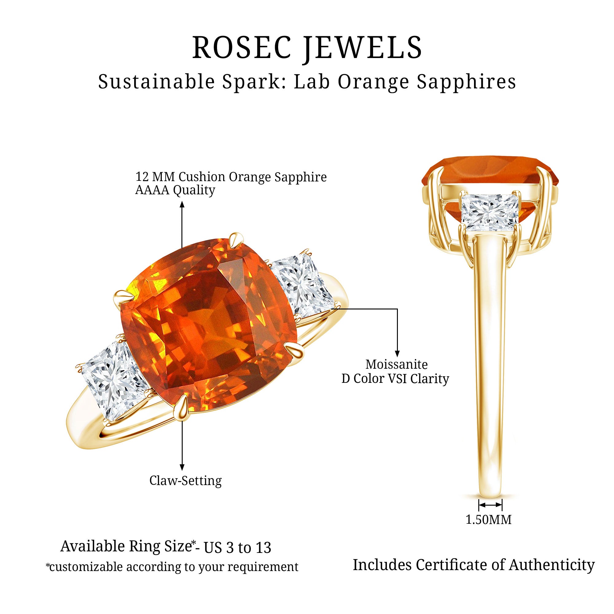 9 Carat Cushion Cut Lab Grown Orange Sapphire 3 Stone Engagement Ring AAAA - Rosec Jewels