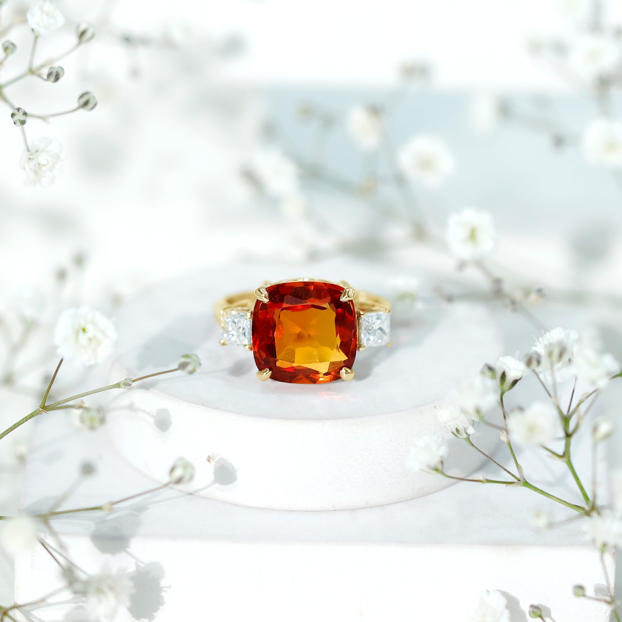 9 Carat Cushion Cut Lab Grown Orange Sapphire 3 Stone Engagement Ring AAAA - Rosec Jewels
