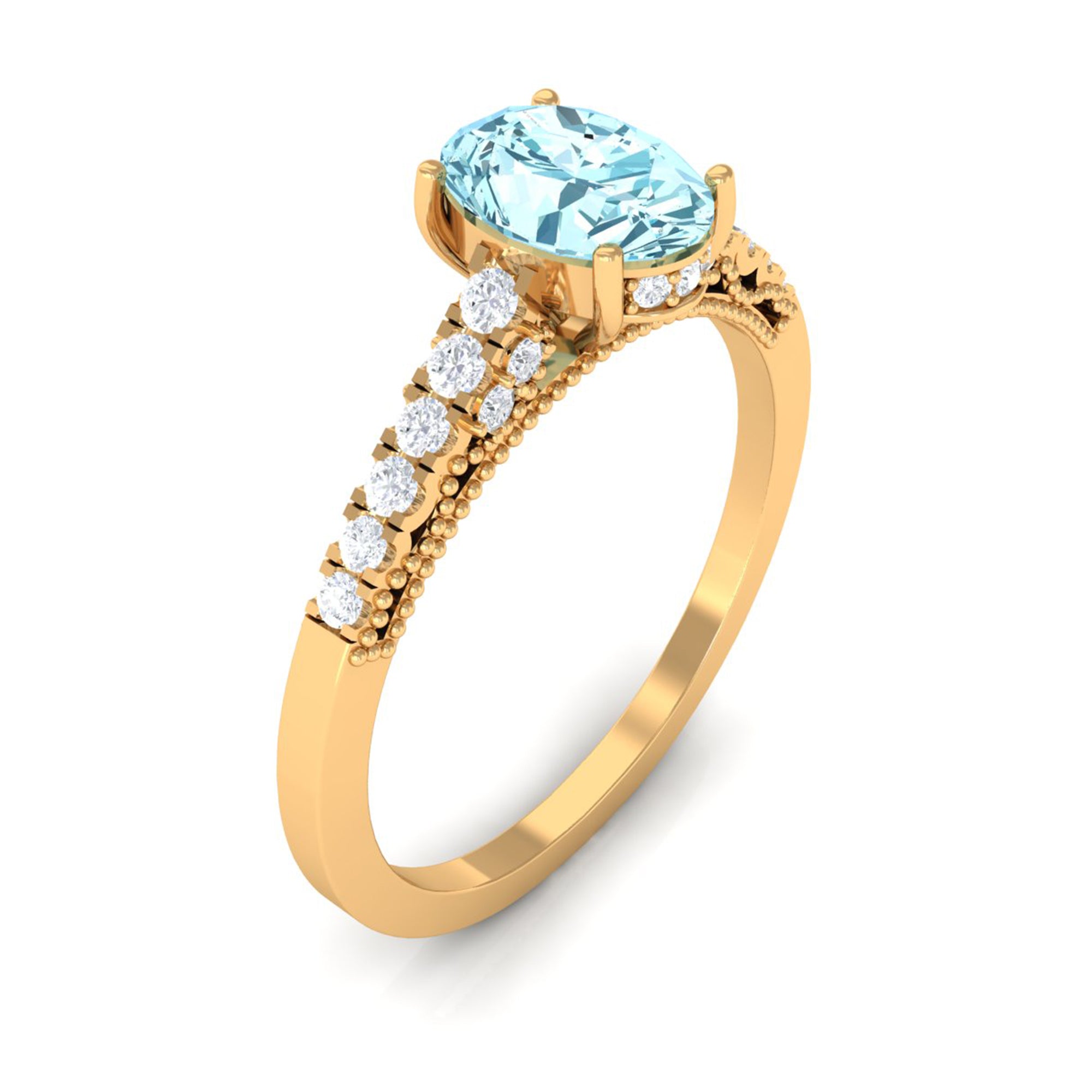 1 Carat Genuine Aquamarine Oval Engagement Ring with Diamond Side Stones AAA - Rosec Jewels