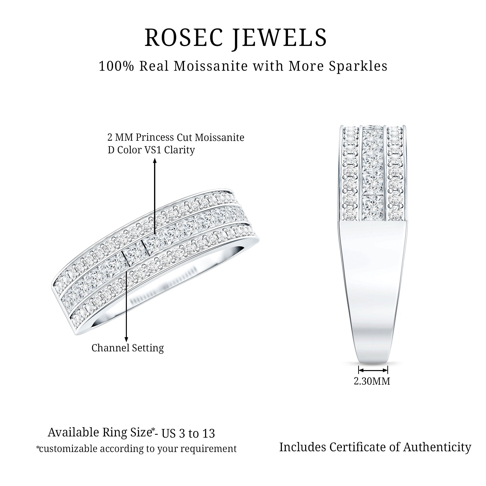 Moissanite 3 Row Eternity Band Ring for Women D-VS1 - Rosec Jewels
