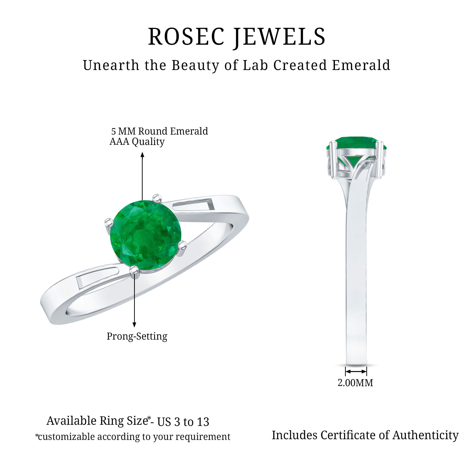 Round Emerald Solitaire Engagement Ring in Bypass Shank AAA - Rosec Jewels