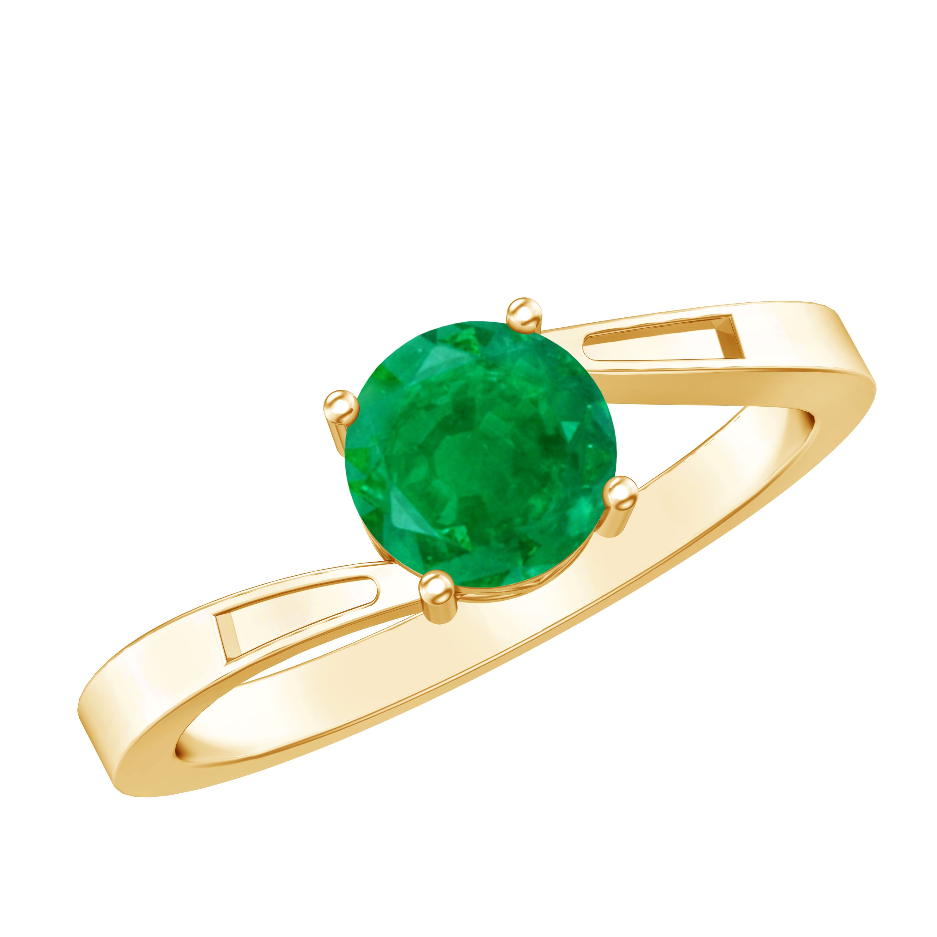 Round Emerald Solitaire Engagement Ring in Bypass Shank AAA - Rosec Jewels