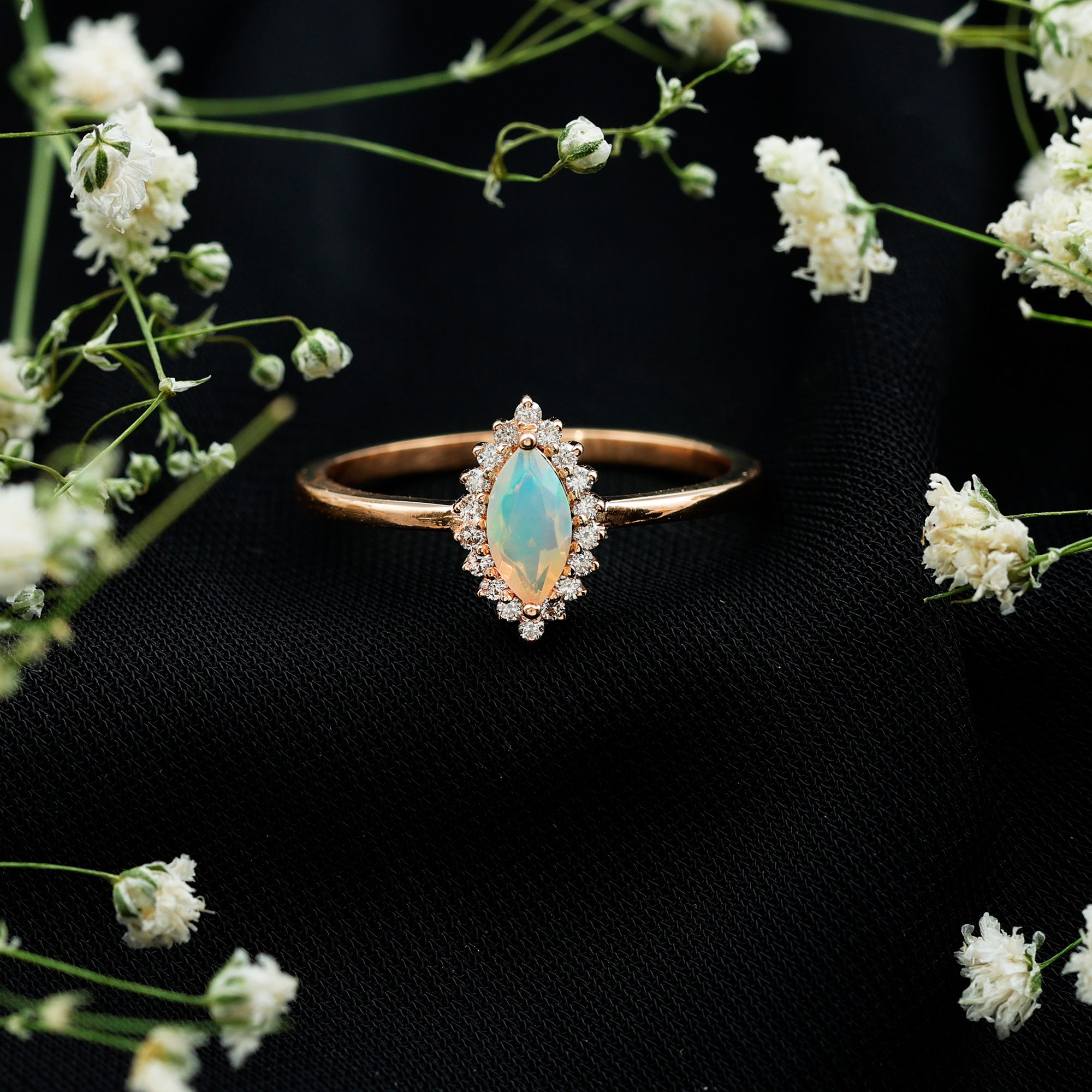 Ethiopian Opal 4x8mm Marquise Cut Engagement Ring with Diamond Halo AAA - Rosec Jewels