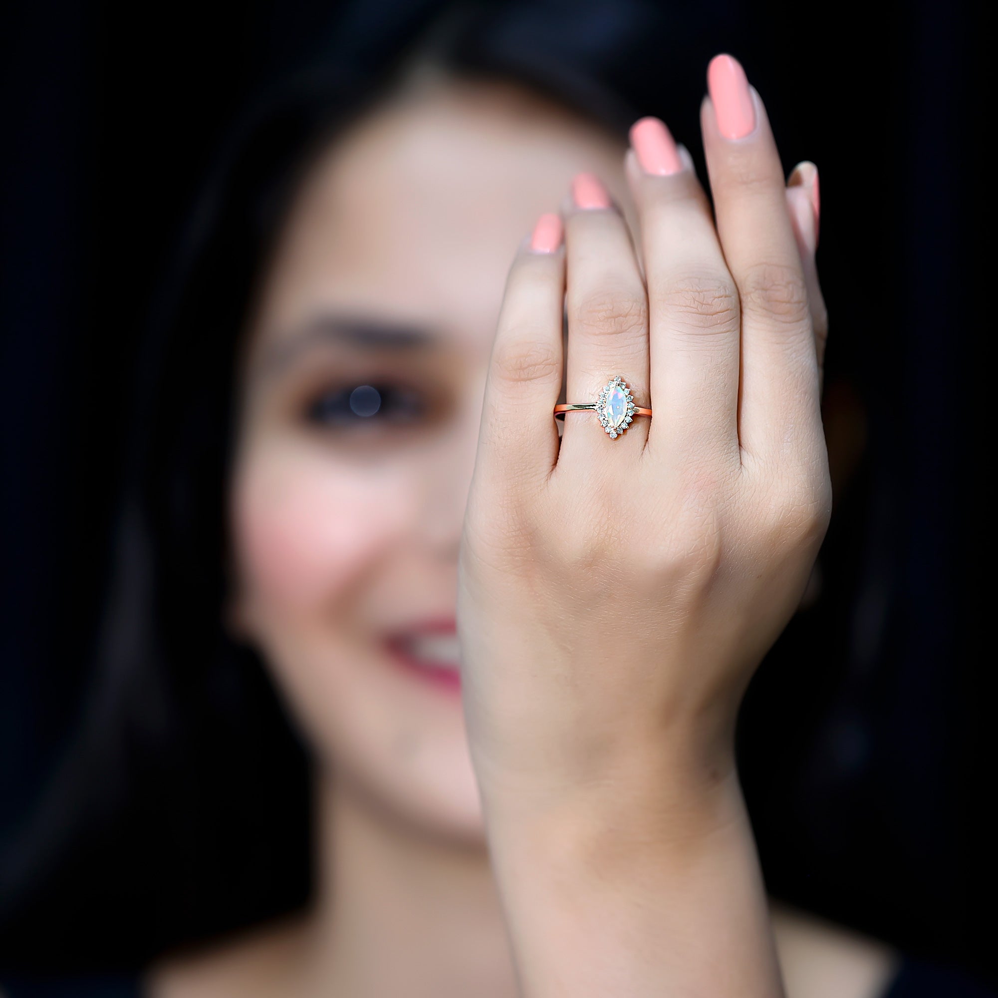 Ethiopian Opal 4x8mm Marquise Cut Engagement Ring with Diamond Halo AAA - Rosec Jewels