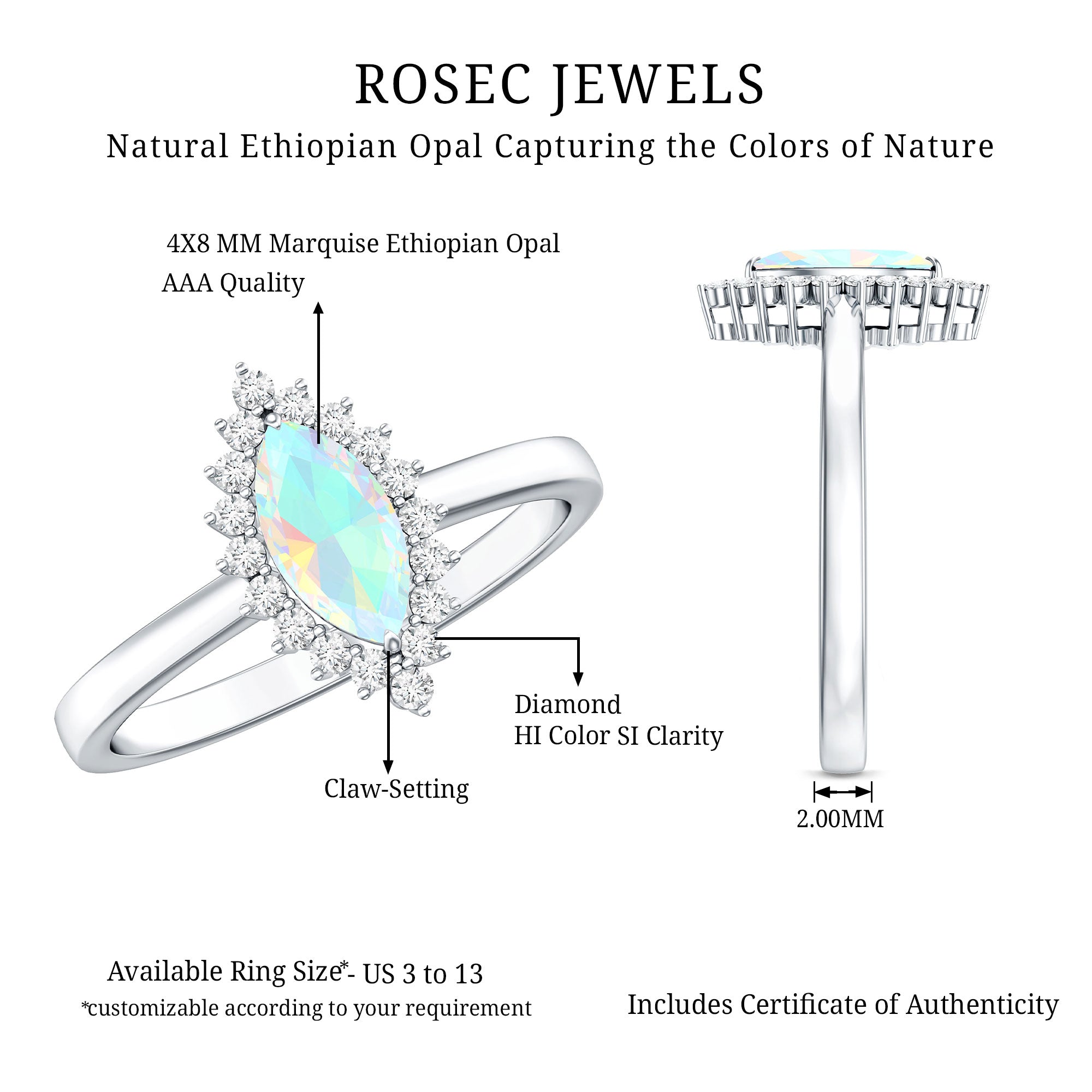 Ethiopian Opal 4x8mm Marquise Cut Engagement Ring with Diamond Halo AAA - Rosec Jewels