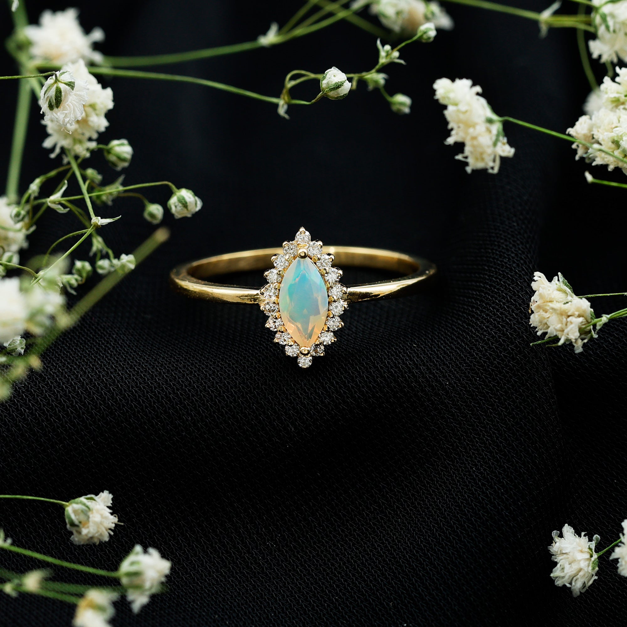 Ethiopian Opal 4x8mm Marquise Cut Engagement Ring with Diamond Halo AAA - Rosec Jewels